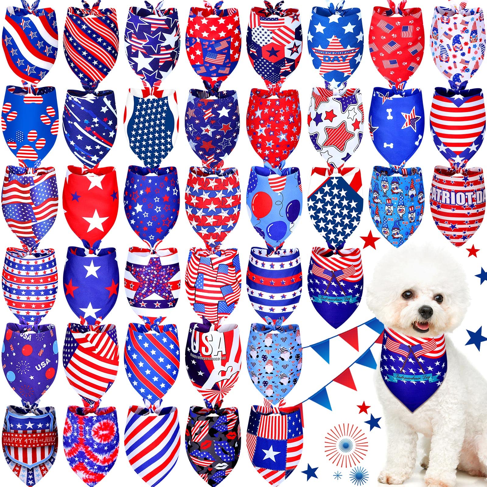 Sadnyy 40 Pcs Memorial Day Dog Bandana Bulk Patriotic American Flag Star Stripe Adjustable Bandana For Dogs 4Th Of July Puppy Ke