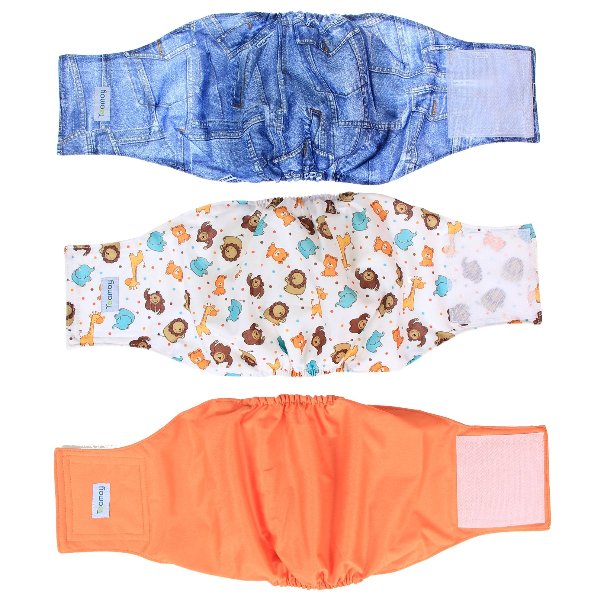 Teamoy Reusable Wrap Diapers for Male Dogs, Washable Puppy Belly Band Pack of 3 (L2, 20-24 Waist, Orange+ Denim+ Fat Smile)