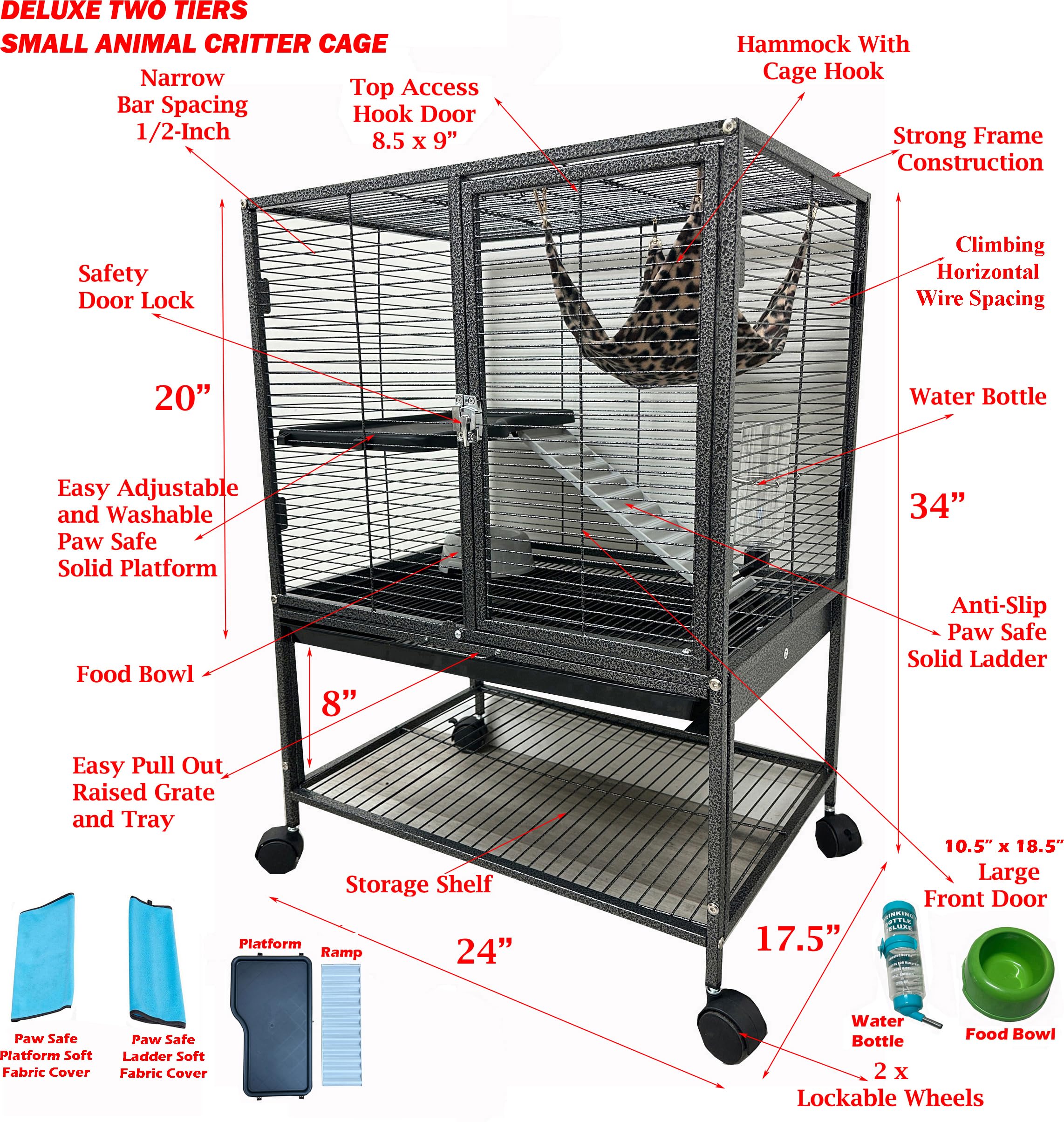 Deluxe Two Tiers Small Animal Critter Cage Chew-Proof Tight 1/2-Inch Bar Spacing For Feisty Ferret Chinchilla Rat Mice Squirrel