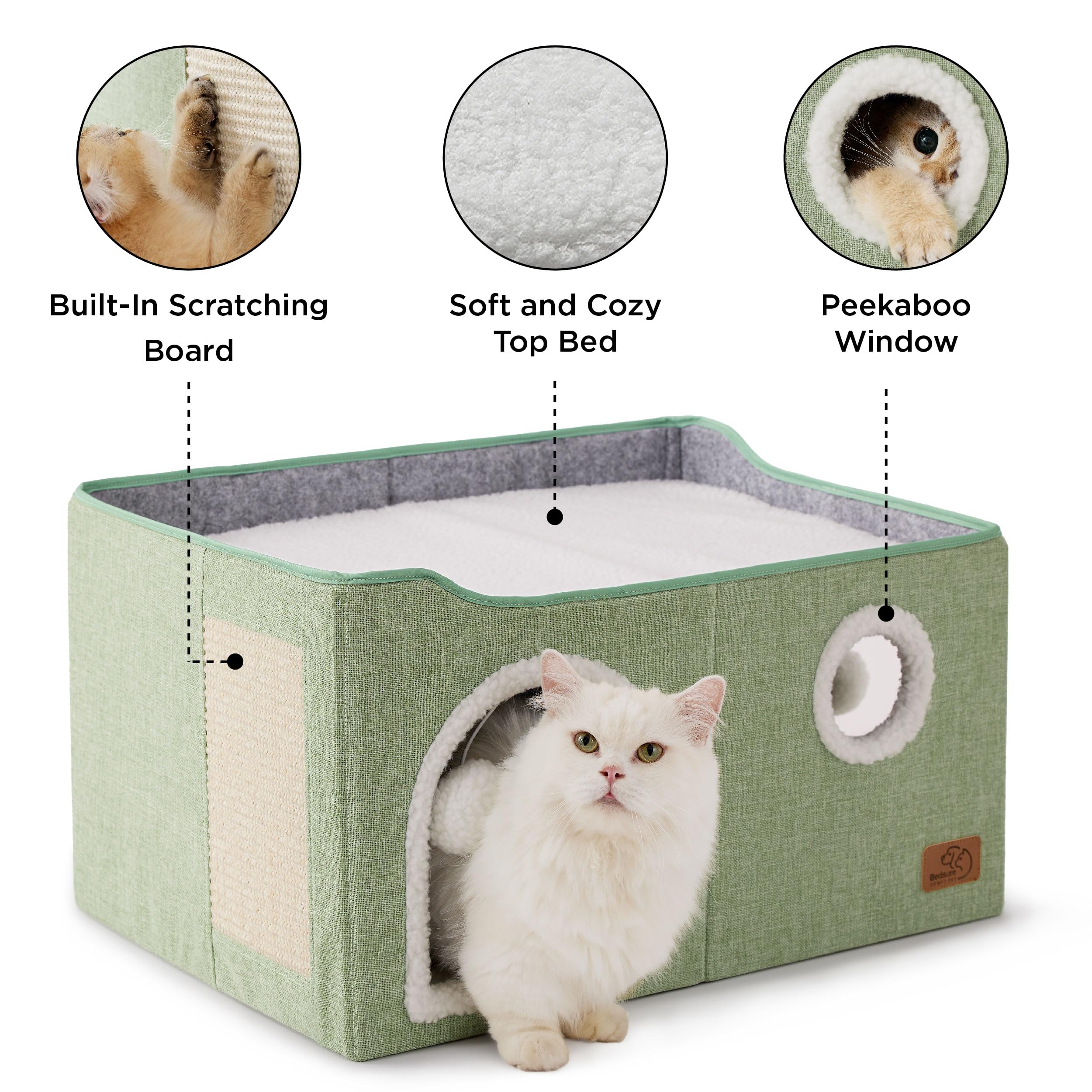 Bedsure Extra-Wide Cat House - Foldable Cat Cave with Scratch Pad, 23.6x16.9x13 inches, Green, Polyester, Model US000125N0M