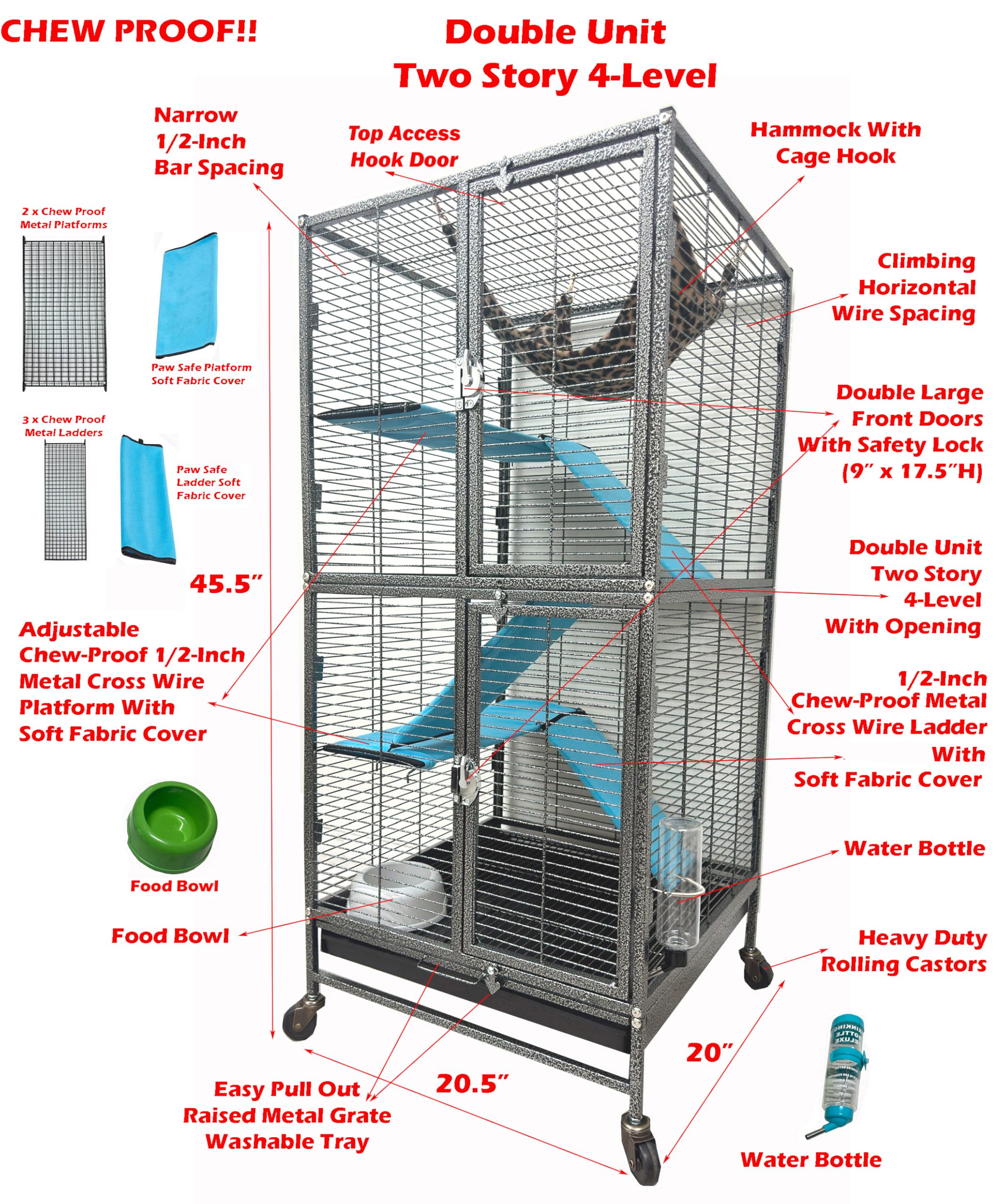 Mcage Deluxe Double Unit Small Animal Cage, 20.5"x20"x45.5", Alloy Steel, Black Vein, Includes Water Bottle & Food Bowl