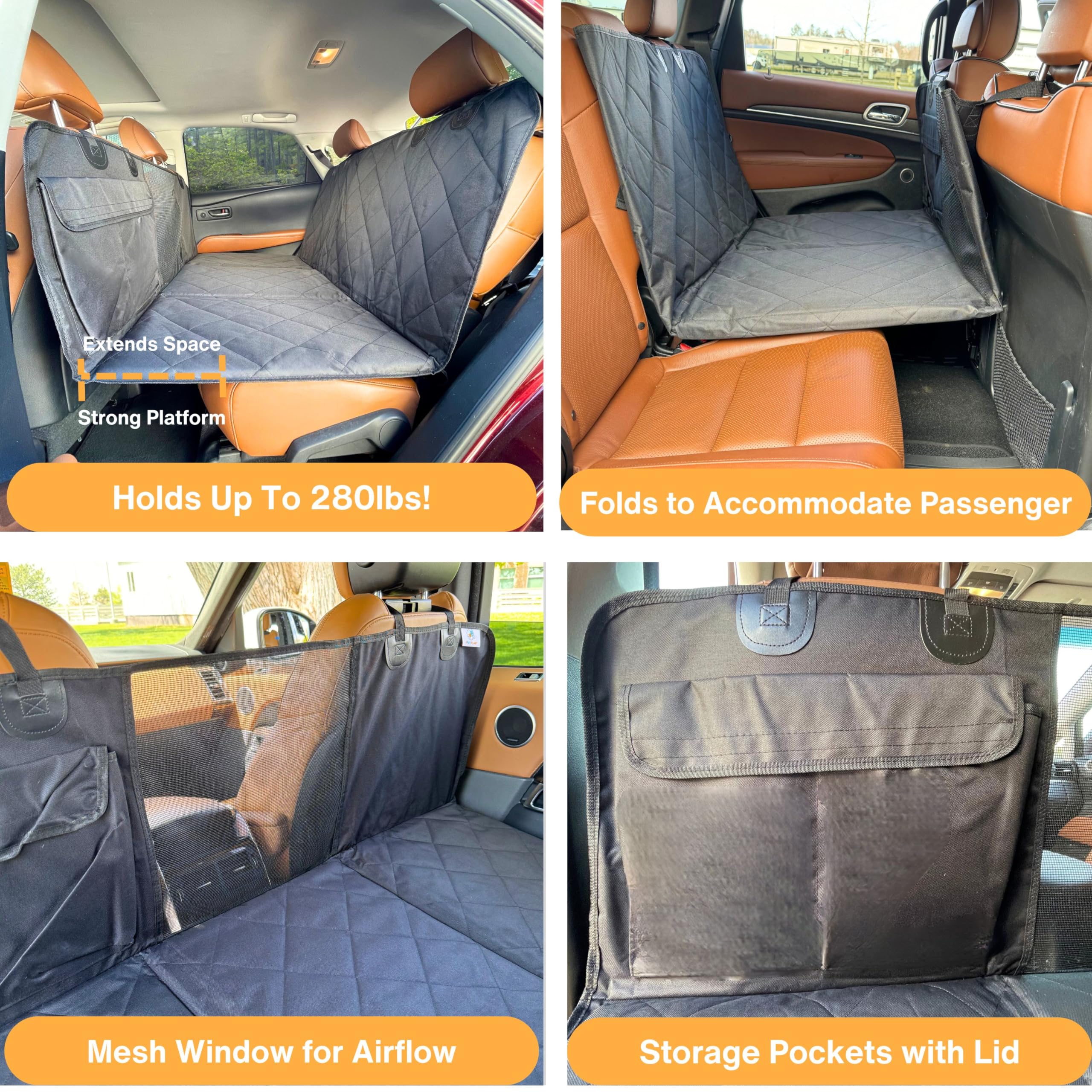 APetsPlanet Backseat Extender for Dogs, 100% Waterproof Hard Bottom Dog Car Seat Cover, Seat Extender with Mesh Window and Stora