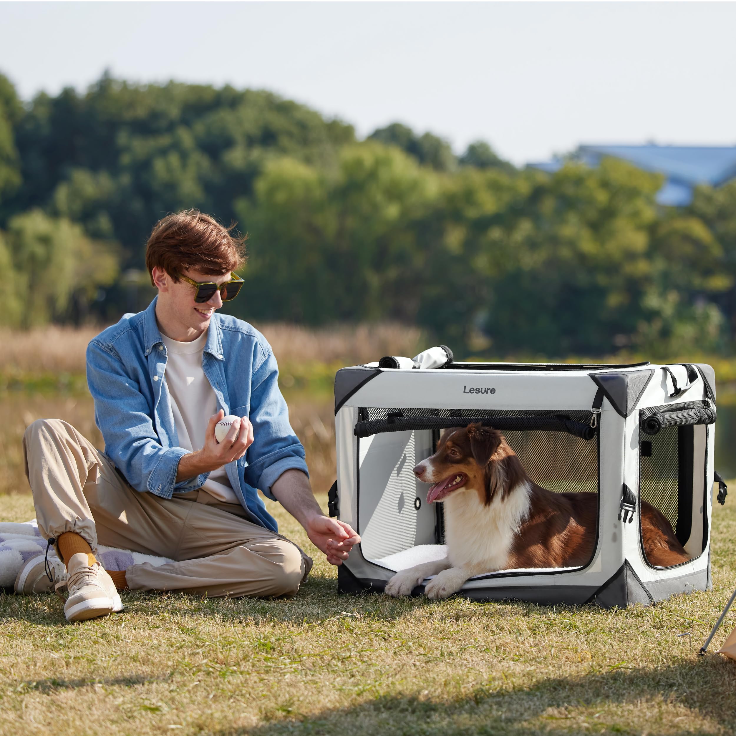Lesure Collapsible Dog Crate - Portable Travel Kennel For Medium Dog, 4-Door Pet Crate With Durable Mesh Windows, Indoor & Outdo