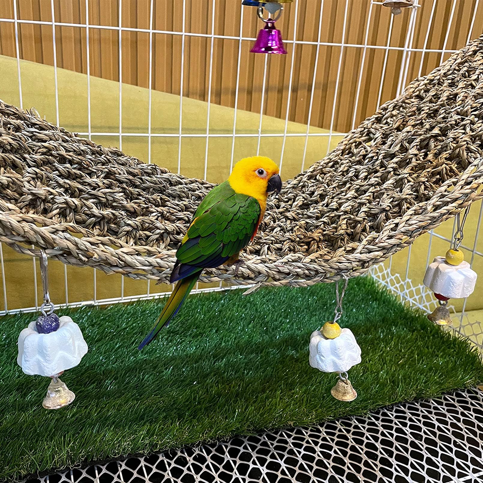 Bird Seagrass Mat,Natural Seagrass Woven Net Bird Foraging Chew Wall Toys Parakeet Hammock Mat With Hooks For Lovebird Cockatiel Conure Budgie,Size 28.3' X 6.7' And 11.81' X 11.81'(2 Pcs)