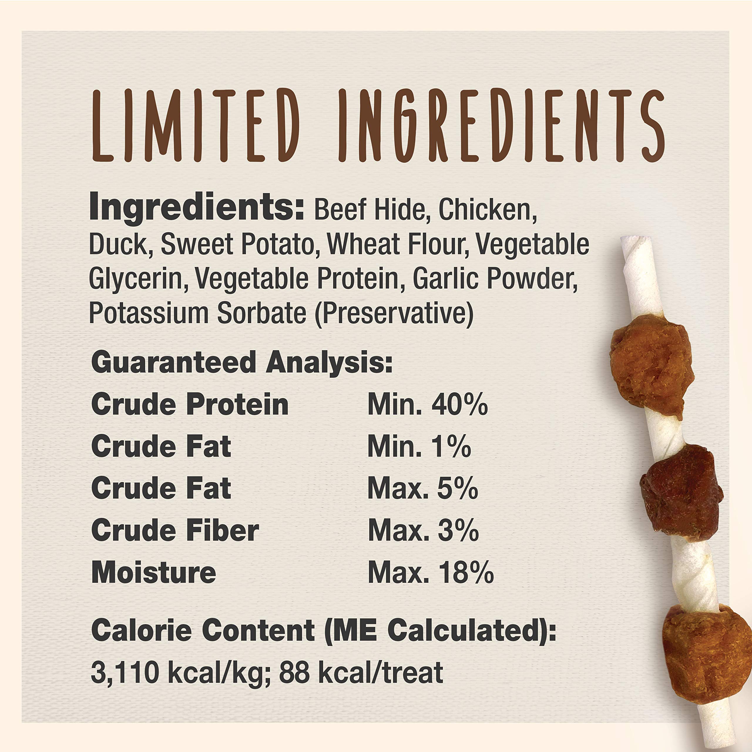 Cadet Gourmet Triple-Flavored Beef Hide Shish Kabob Dog Treats - Healthy & Natural Chicken, Duck, & Sweet Potato Dog Treats, 5 i