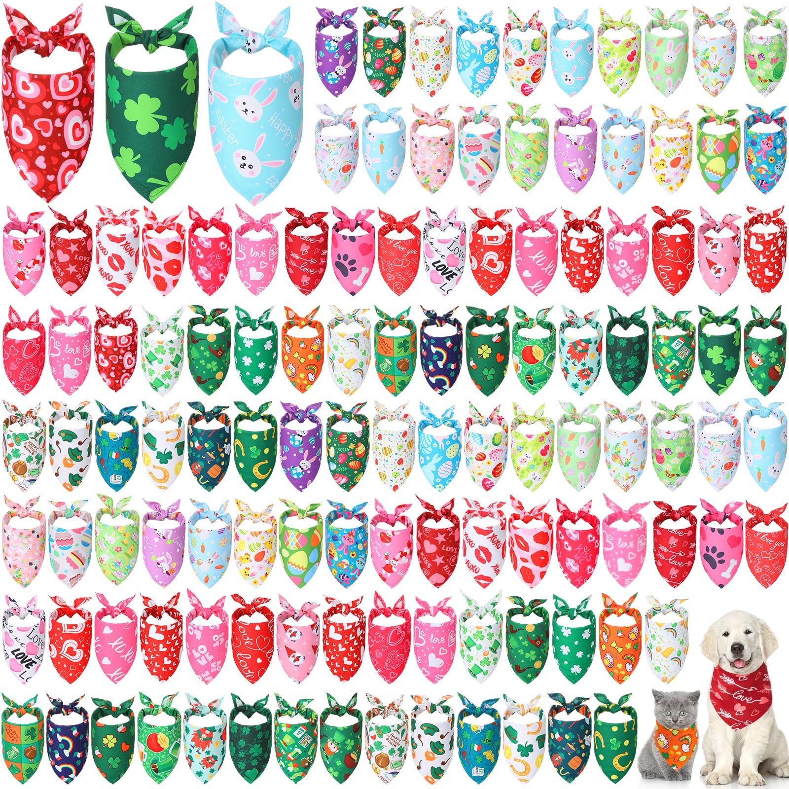 Kigeli 120 Pcs Holiday Dog Bandanas Bulk Valentine'S Day Bandana For Dogs St. Patrick'S Day Easter Holiday Puppy Scarf Set Trian