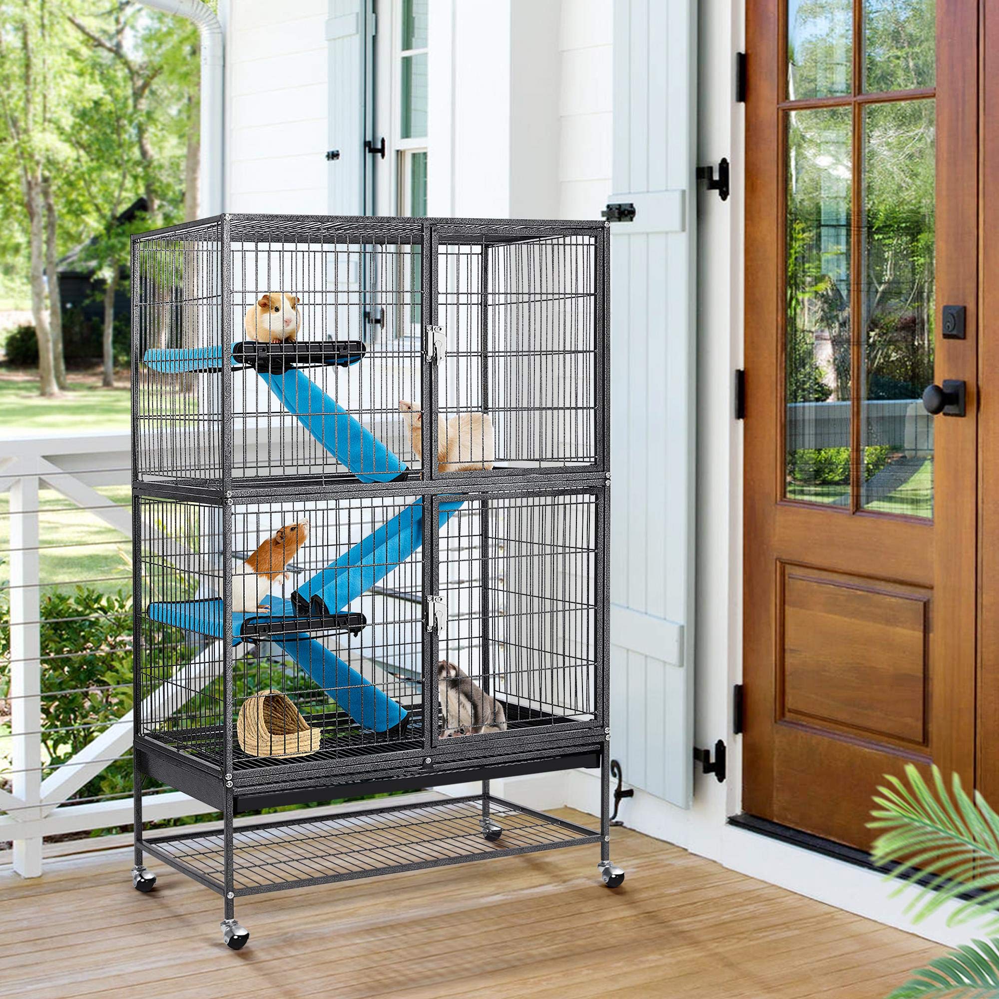 Yaheetech Rolling 2-Story Ferret Cage Small Animal Cage For Chinchilla Adult Rats Metal Critter Nation Cage W/ 2 Removable Ramps/Platforms Black