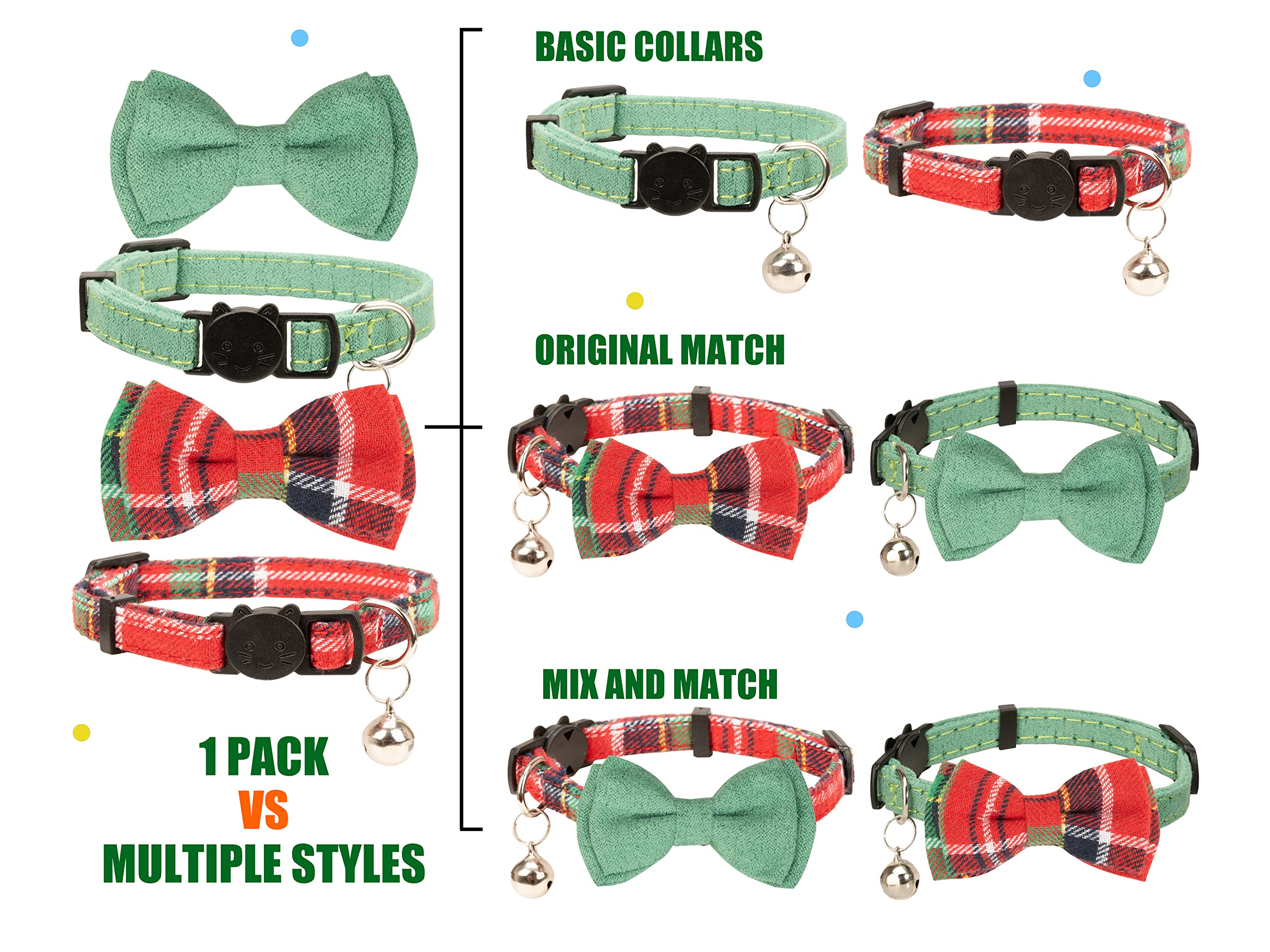 Gyapet Collar For Cats Pets Breakaway With Bell Bowtie Floral Bow Detachable Adjustable Safety Puppy 2Pcs Christmas-B