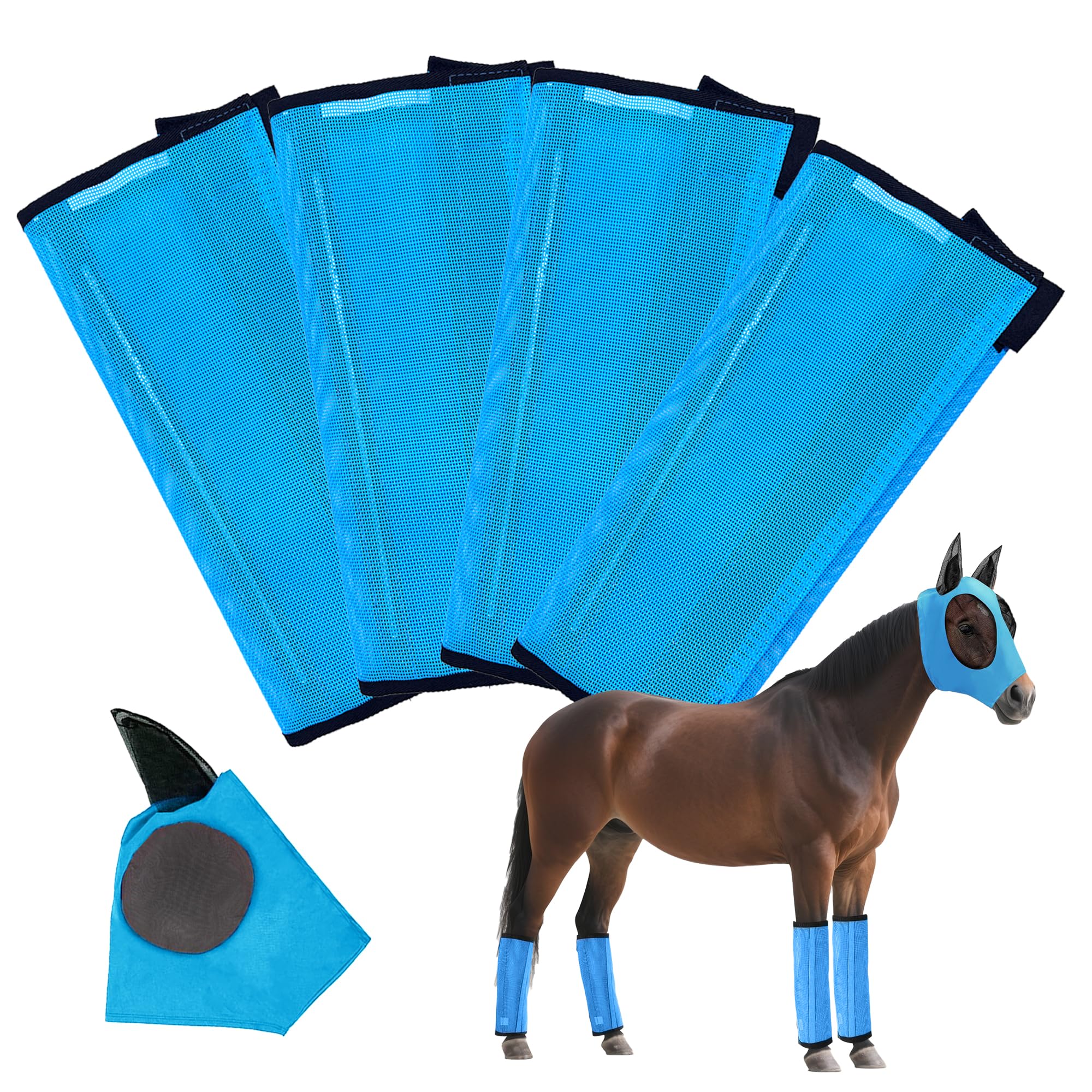 GRETMIX Horse Fly Boots & Horse Fly Mask Set of 5, Mesh Ventilated Fly Boots for Horses, Adjustable and Universal Fit for 4 Legs