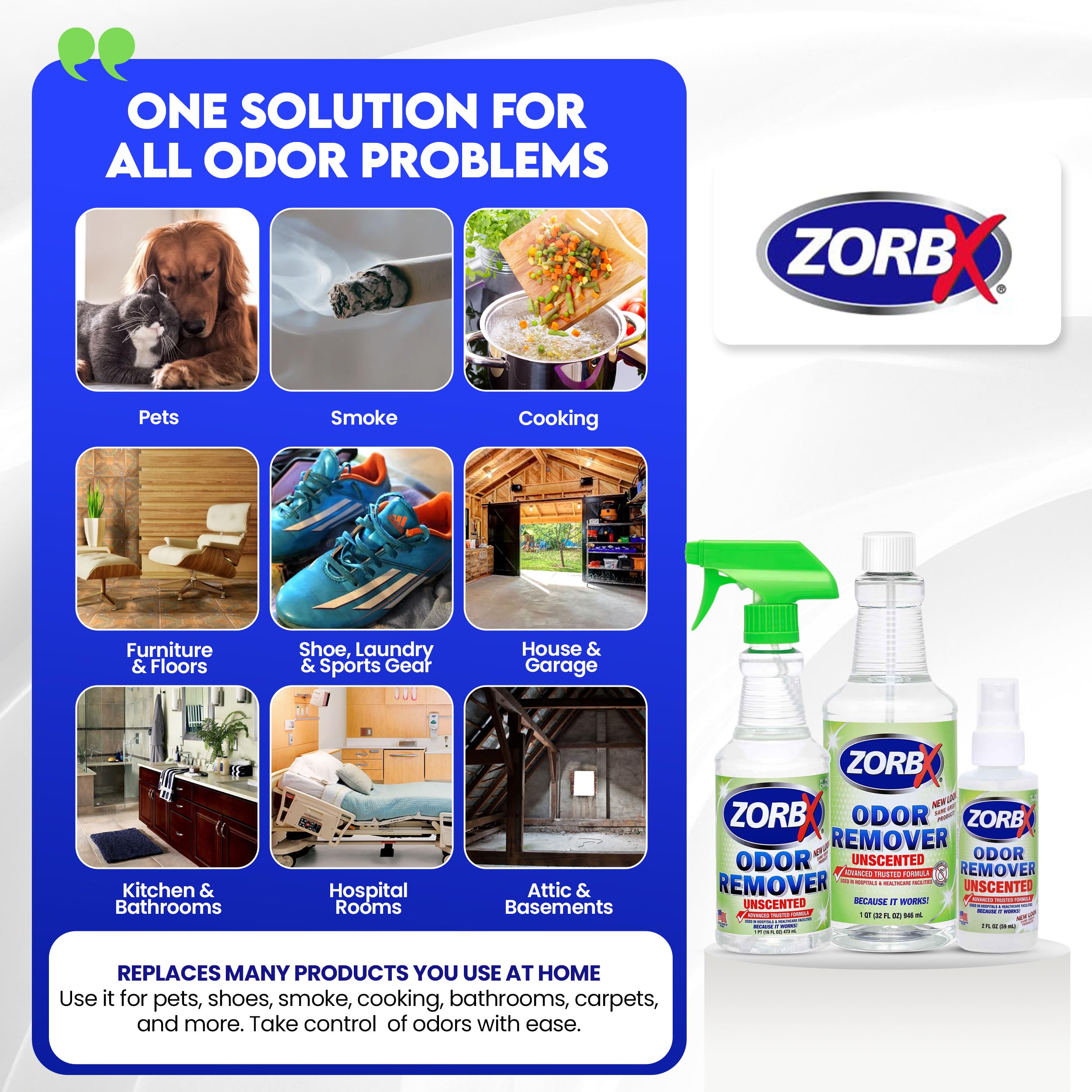 Zorbx Unscented Multipurpose Odor Eliminator Value Pack 2 Oz + 16 Oz + 32 Oz - Used In Hospitals & Healthcare Facilities - Advan
