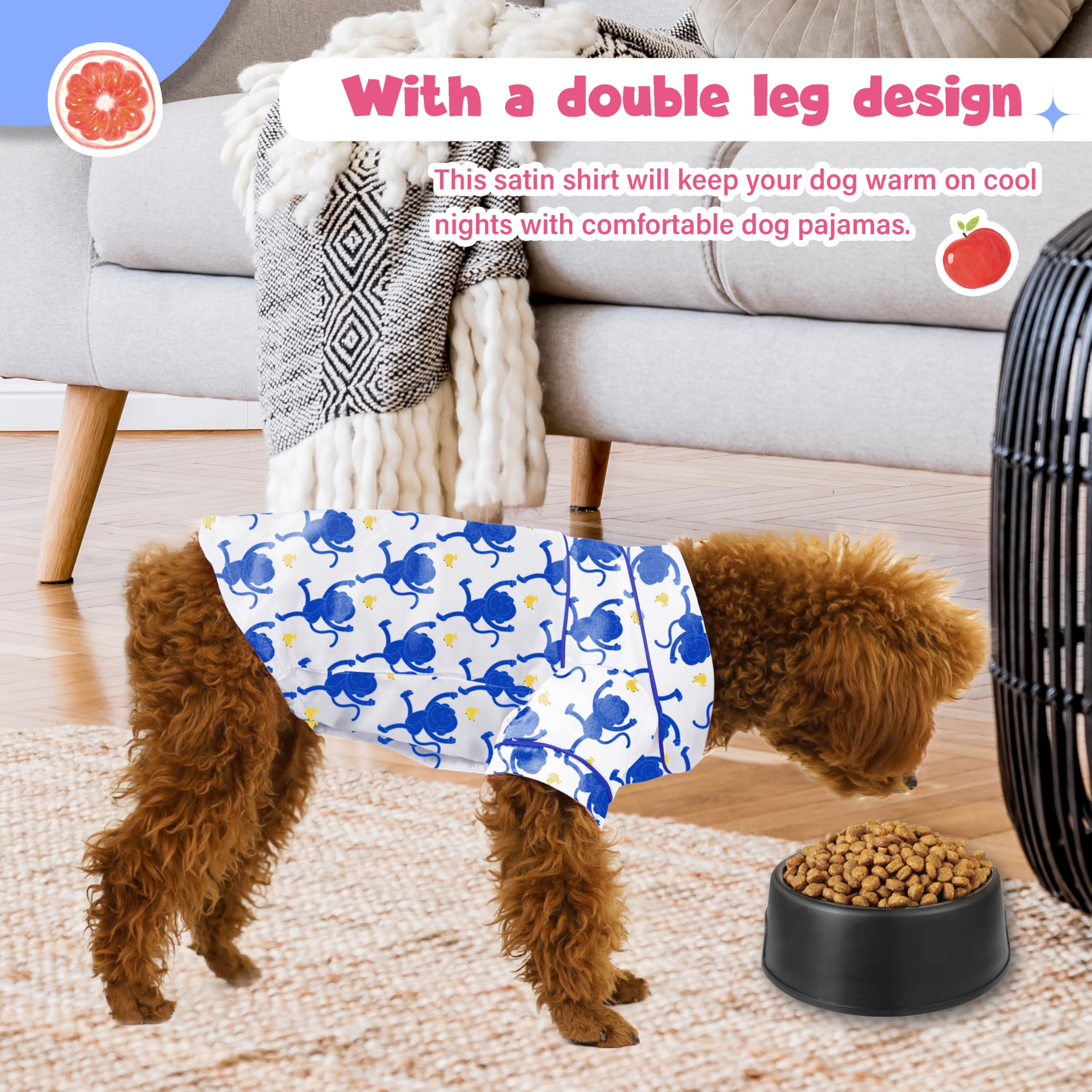 Dog Silk Pajamas Dog Shirts For Small Dogs Satin Pjs Two-Legged Puppy Clothes Lapel Sleepwear Cat Outfit (Blue Monkey, M)