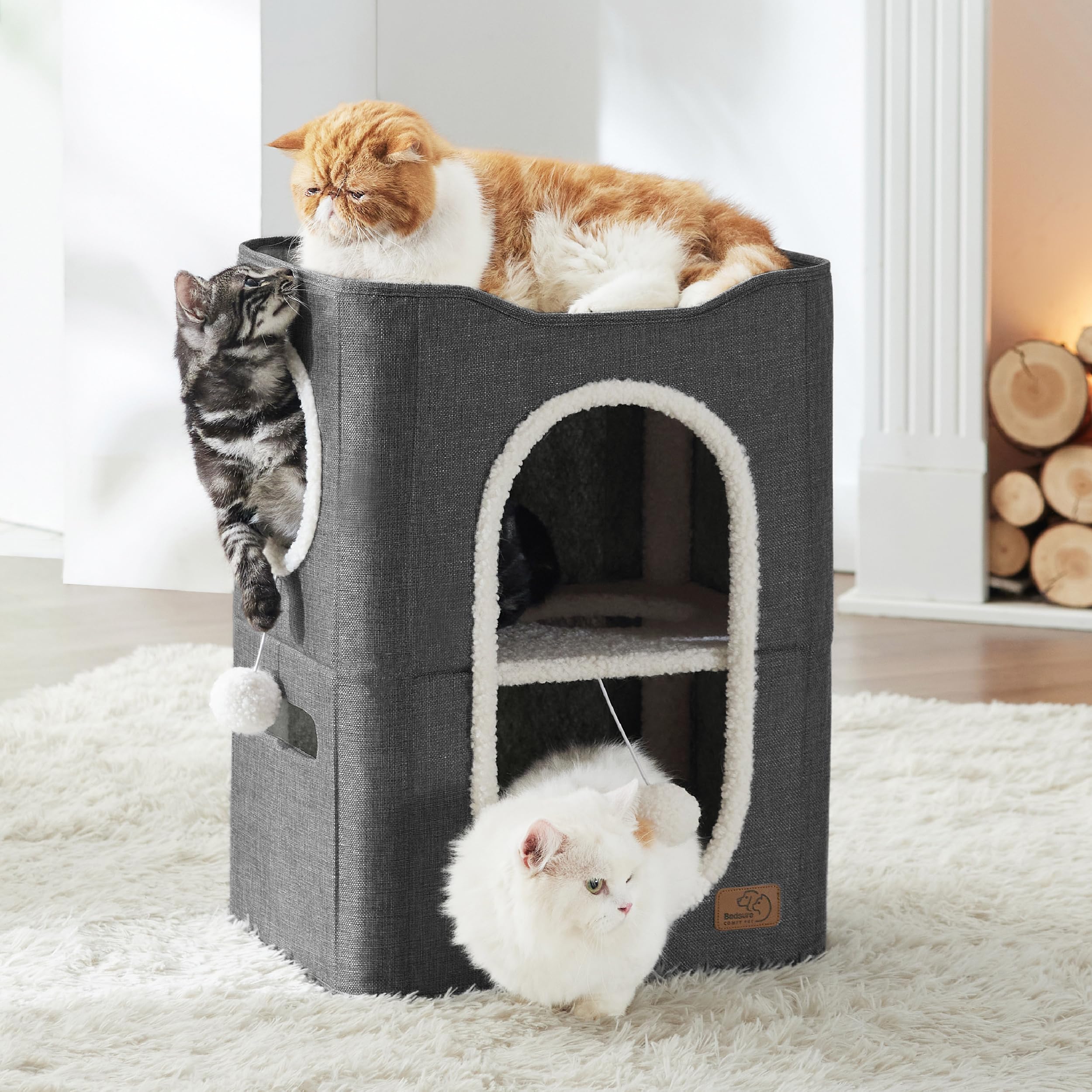 Bedsure Cat House - 2-Level Indoor Tower with Scratch Pad, Hideaway Condo, 18x14x23 inches, Dark Grey, CARB Certified MDF & Lambswool Fabric