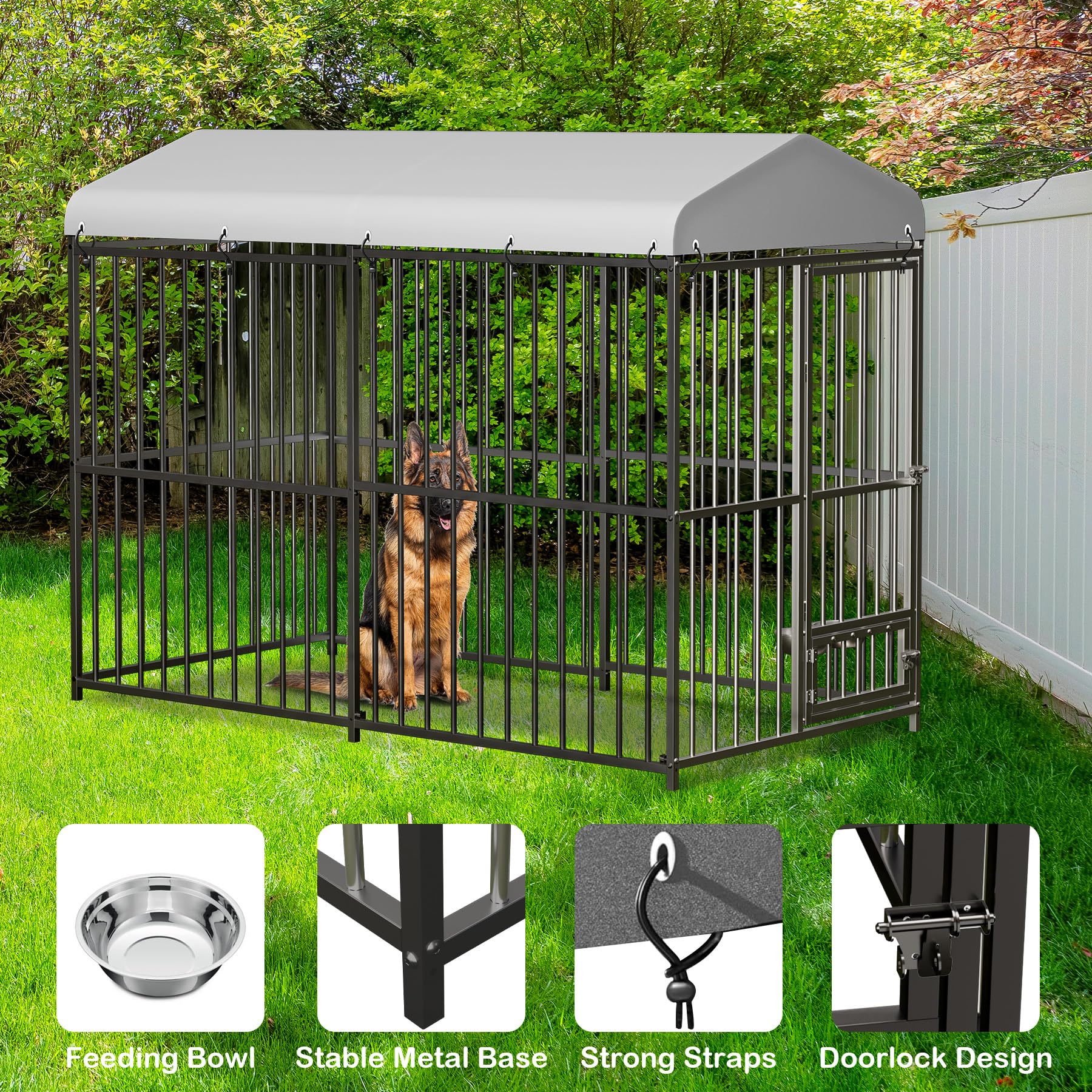 Large Outdoor Dog Kennel with Waterproof Cover, Large Dog House with Feeding Doors, Heavy Duty Dog Enclosures for Garden Backyar