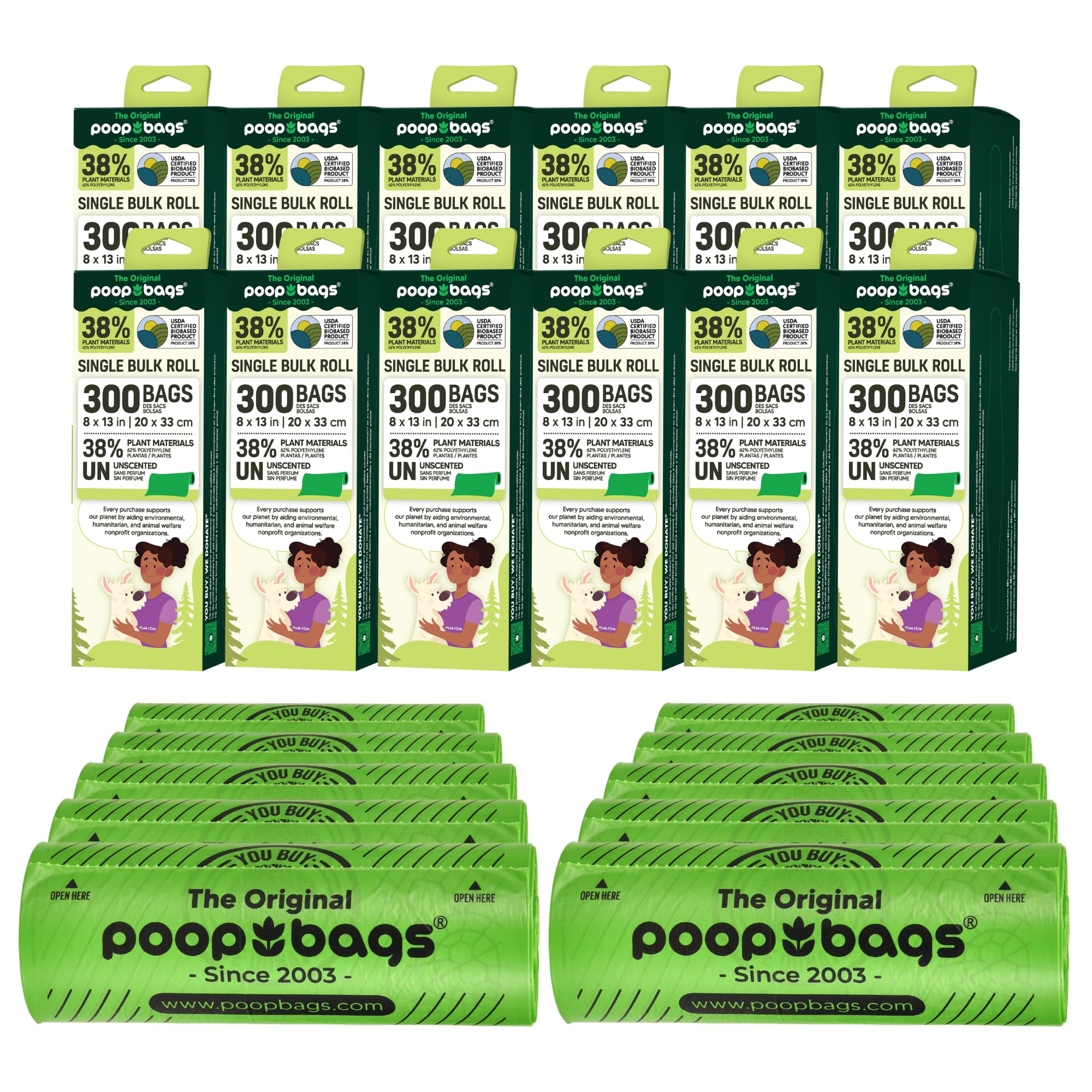The Original Poop Bags Usda Certified 38% Plant-Based Dog Poop Bag Refills, Single Bulk Roll, Unscented, 3600 Count