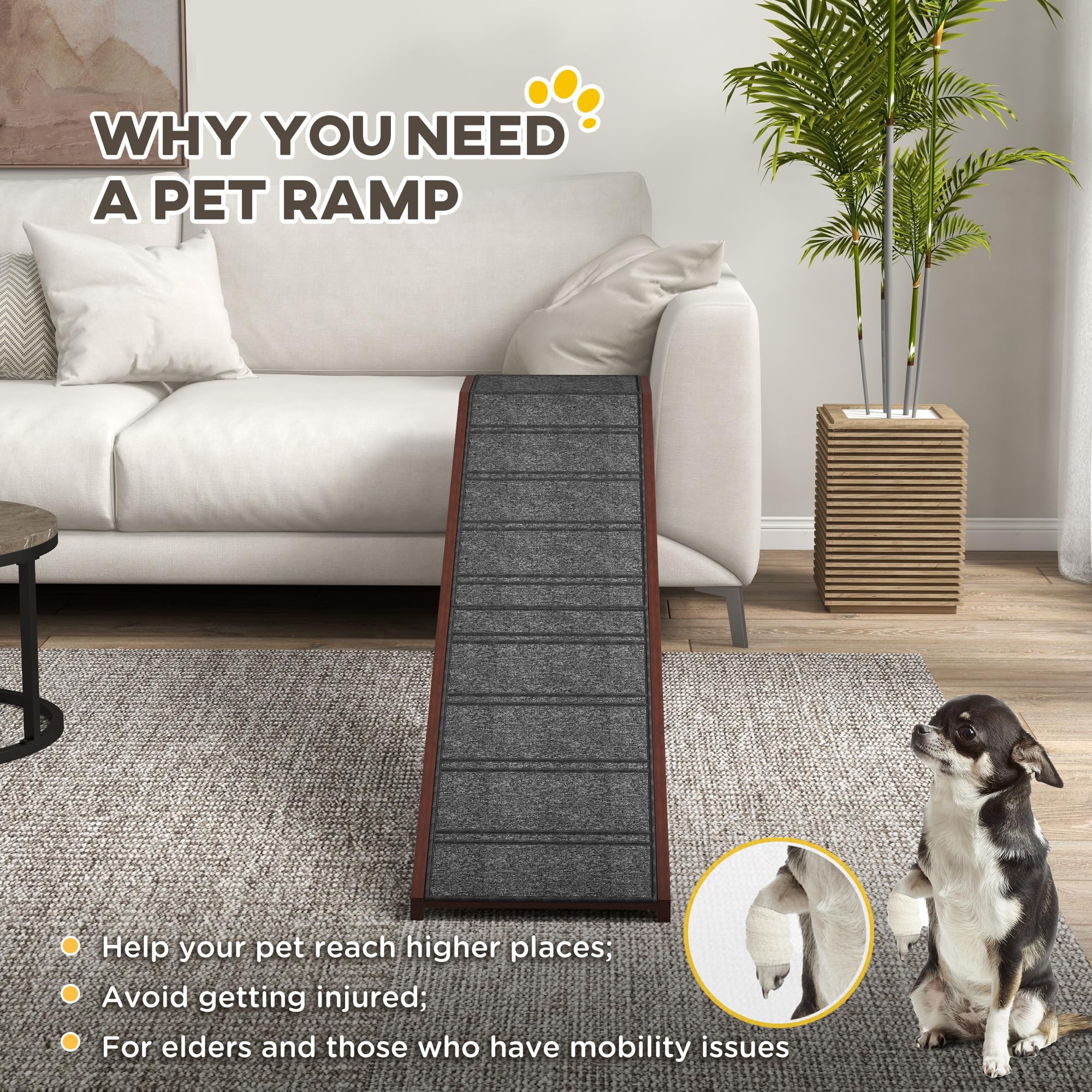 Pawhut Dog Ramp For Bed, Pet Ramp For Dogs With Non-Slip Carpet And Top Platform, 74'' X 16'' X 25'', Brown