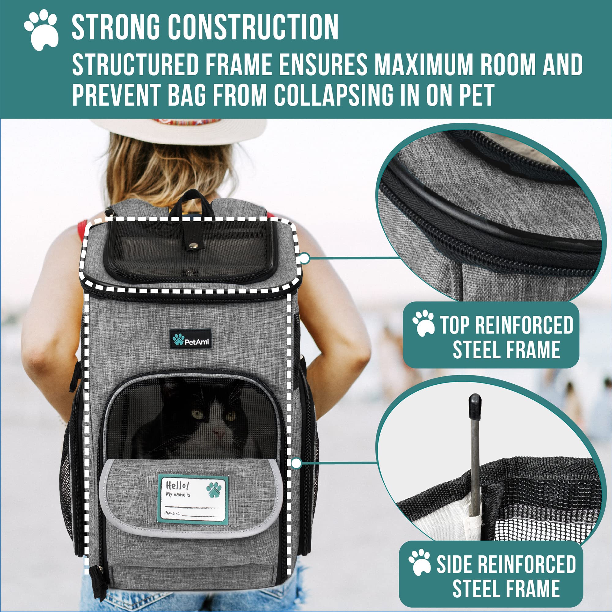 Petami Dog Backpack Carrier, Airline Approved Cat Backpacks For Carrying Small Large Cats, Pet Carrier Back Pack, Ventilated Soft Sided For Travel, Hiking, Camping, Max 18 Lbs, Heather Gray