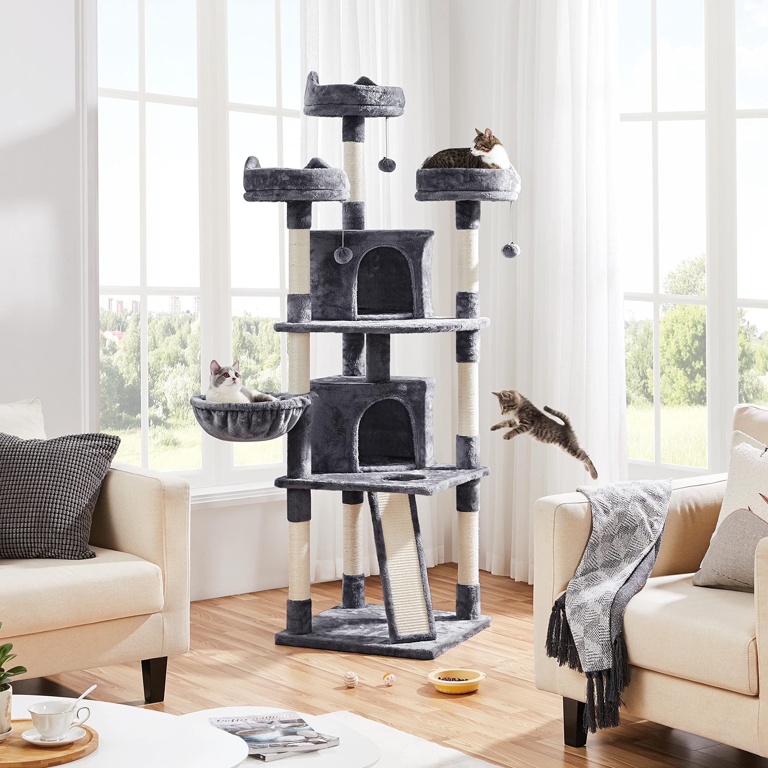 Yaheetech 76''H Large Cat Tree, Multilevel Cat House Plush Cat Tower With 2 Condos & 8 Scratching Posts For Kittens, Dark Gray
