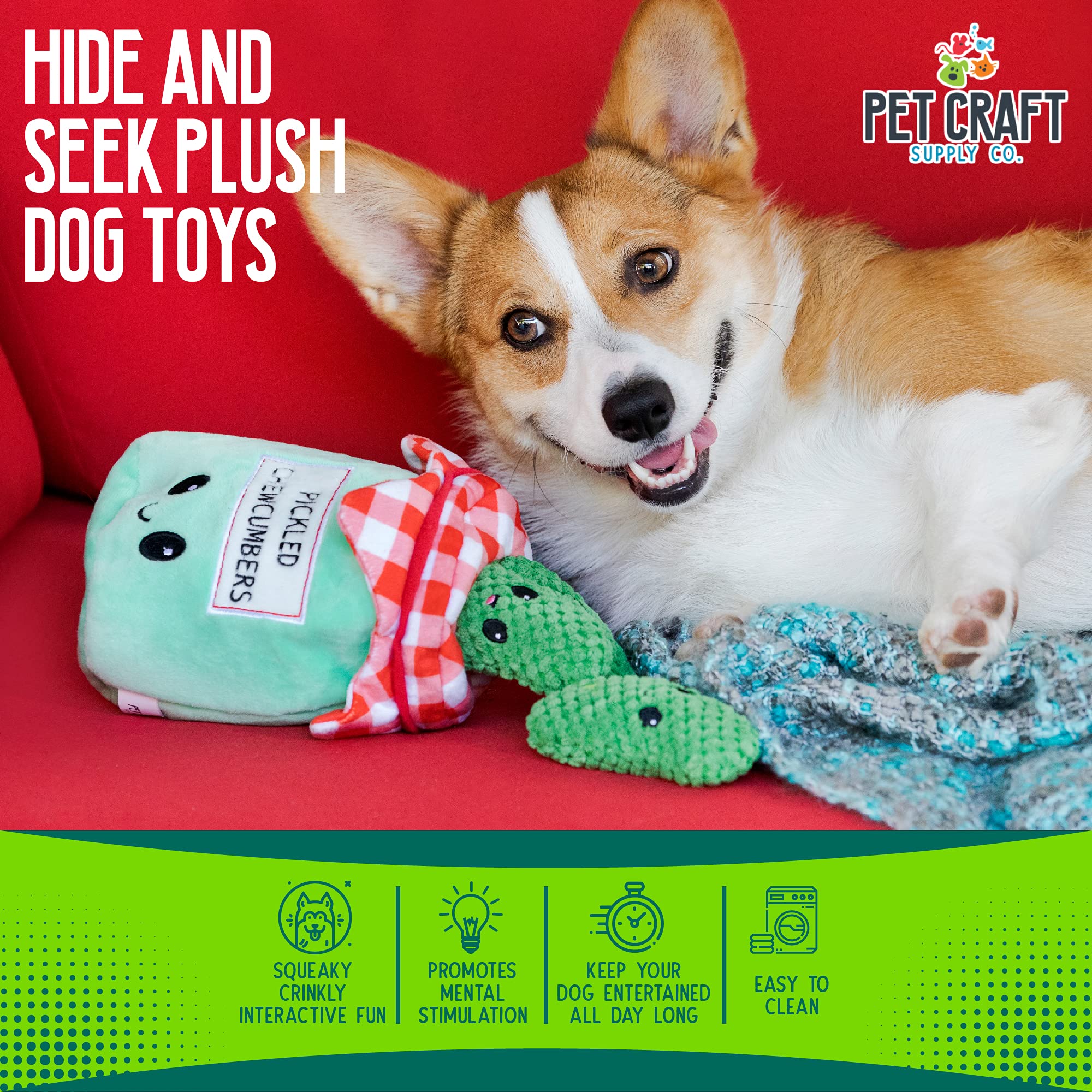 Pet Craft Supply Hide and Seek Plush Dog Toys - 4 Piece Set, Interactive Crinkle Squeaky Chew Puzzle for Medium Breeds