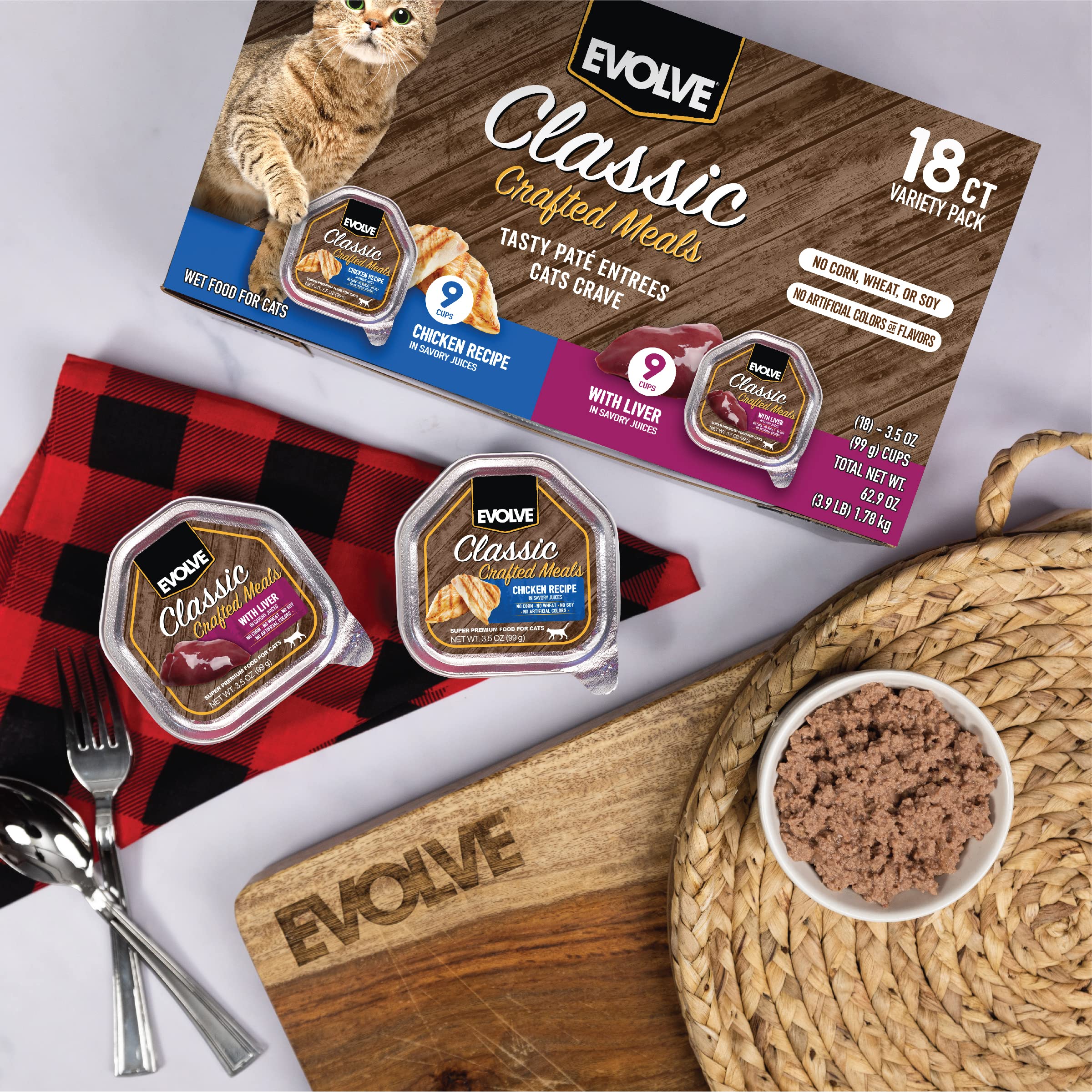 Evolve Classic Crafted Meals Cat Food Variety Pack - Chicken Recipe & Liver Recipe 3oz (Pack of 18)