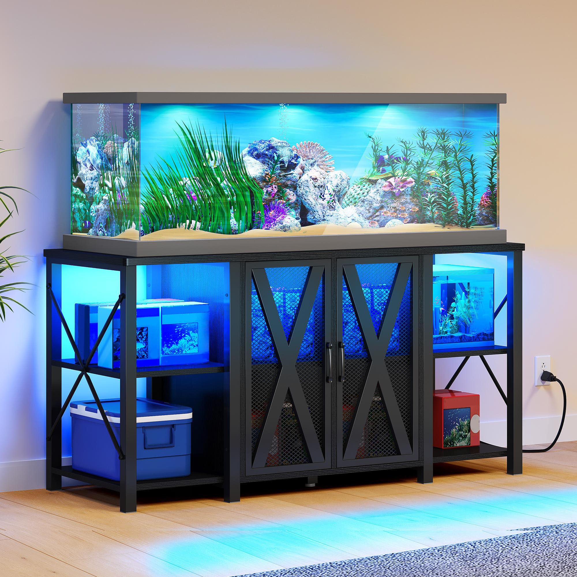YITAHOME 90-120 Gallon Reptile Tank Stand with Power Outlet & LED Light, Heavy Duty Aquarium Stand w Accessories Storage Cabinet