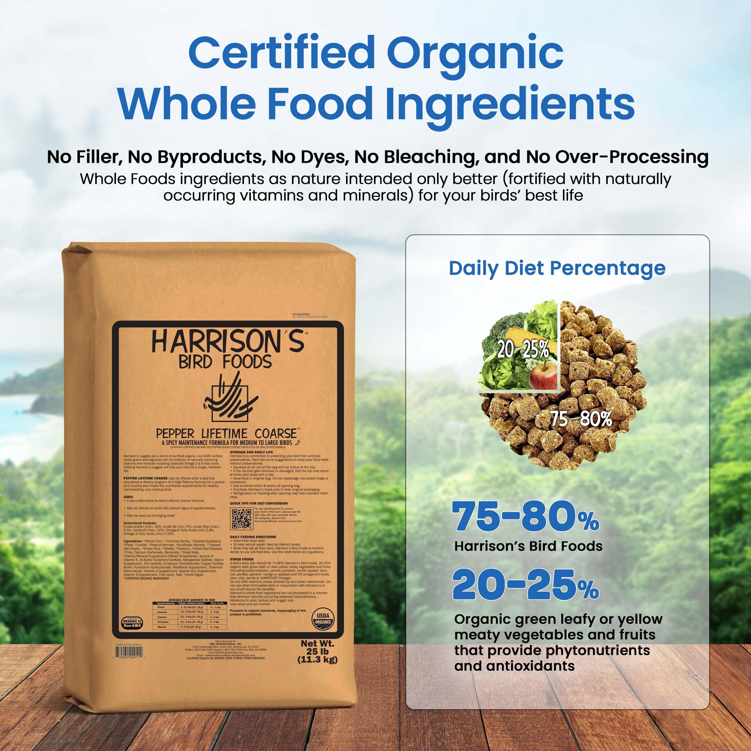 Harrisons Bird Foods Pepper Lifetime Coarse Certified Organic Non-GMO Formula Bird Food 25lb