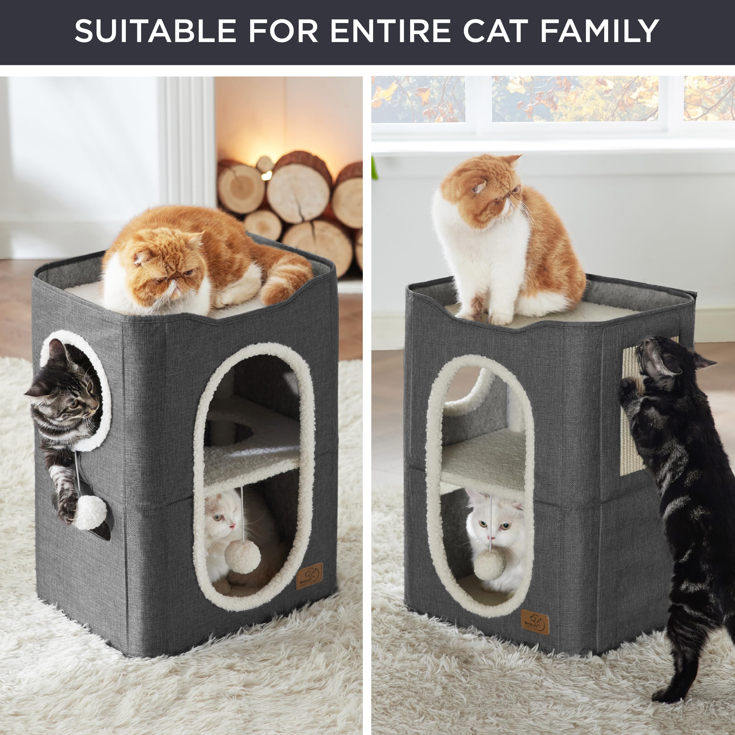Bedsure Cat House - 2-Level Indoor Tower with Scratch Pad, Hideaway Condo, 18x14x23 inches, Dark Grey, CARB Certified MDF & Lambswool Fabric