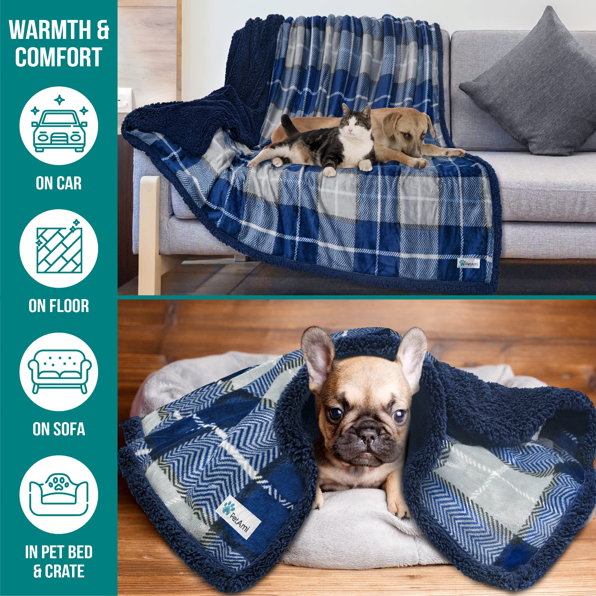 Petami Dog Blanket For Medium Large Dogs, Pet Bed Blanket Cat Puppy Kitten, Fleece Furniture Couch Cover Protector Sofa Car, Soft Sherpa Dog Throw Plush Reversible Washable, 40X60 Plaid Navy Blue