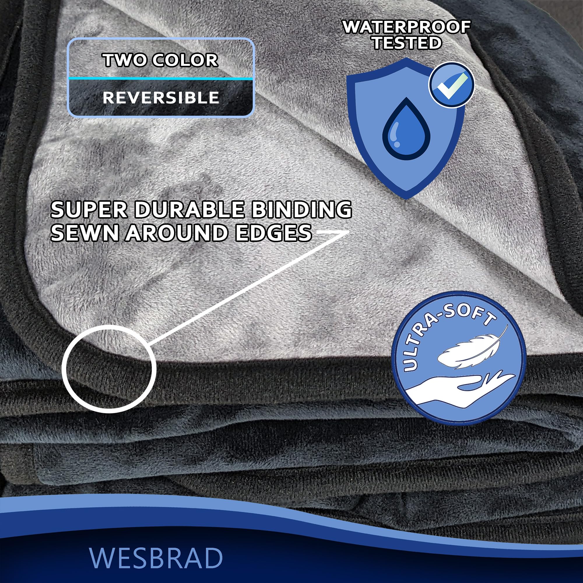 Wesbrad Waterproof, Super Soft, Leak Proof, Totally Pee Proof, Ez-Wash, Durable (60''X50'', Black/Grey) Two-Color Reversable, 3