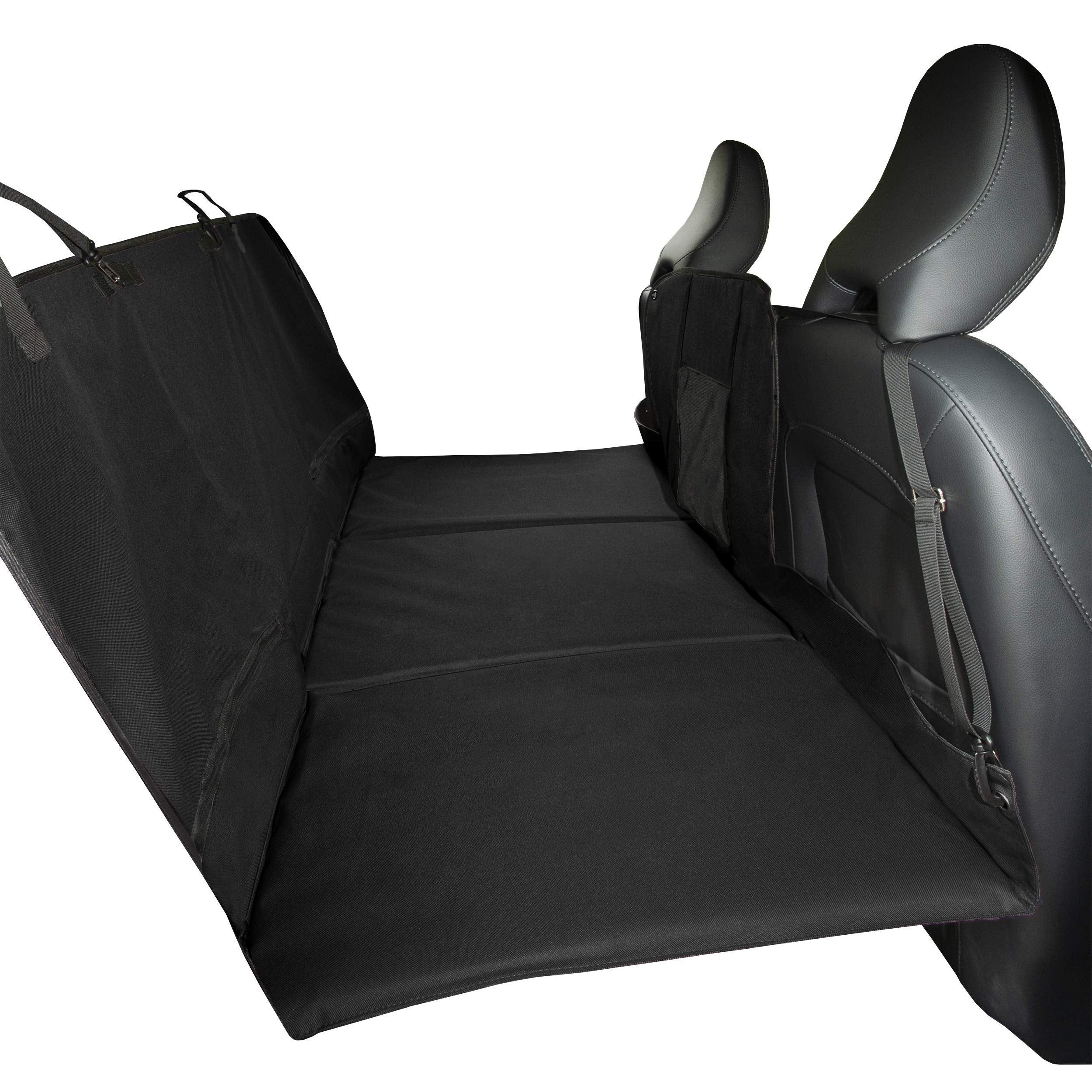 Furhaven Deluxe Multi-Panel Hard Bottom Platform Bridge Backseat Protector w/ Travel Bag - Black, One Size