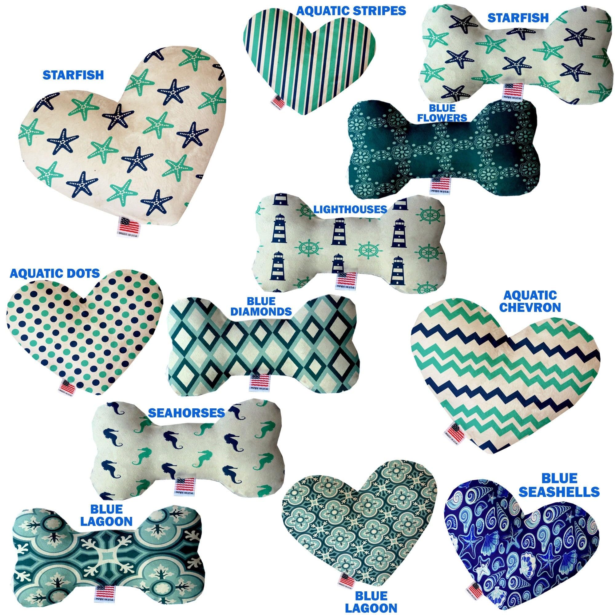 Pet and Dog Plush Heart or Bone Toy, "Nautical Group" (Available in different sizes, and 10 different pattern options!) Blue Lagoon 6" Plush Heart