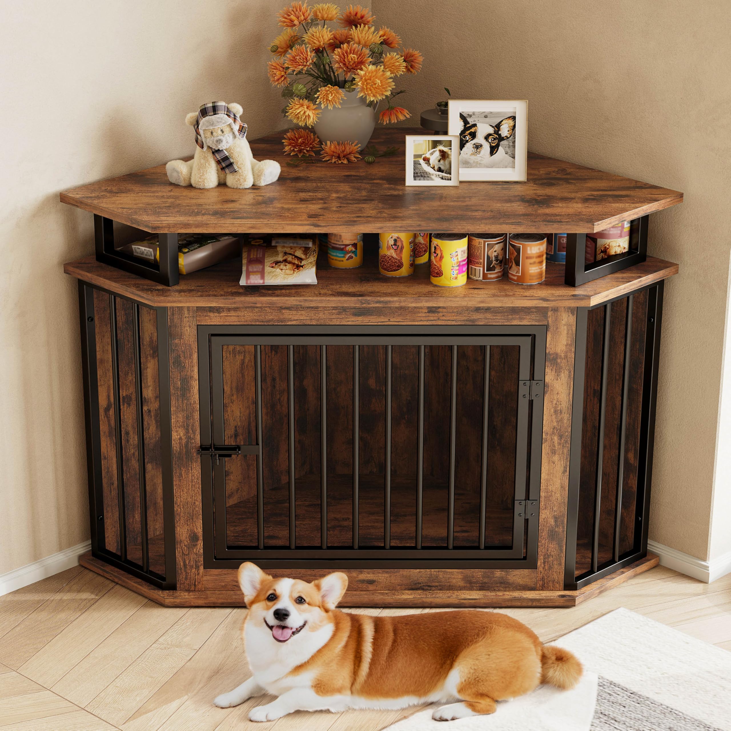 IRONCK 44 Corner Dog Crate with 2-Tier Shelves, Wooden Dog Kennel Furniture, Dog Kennel Indoor Furniture for Small and Medium Do