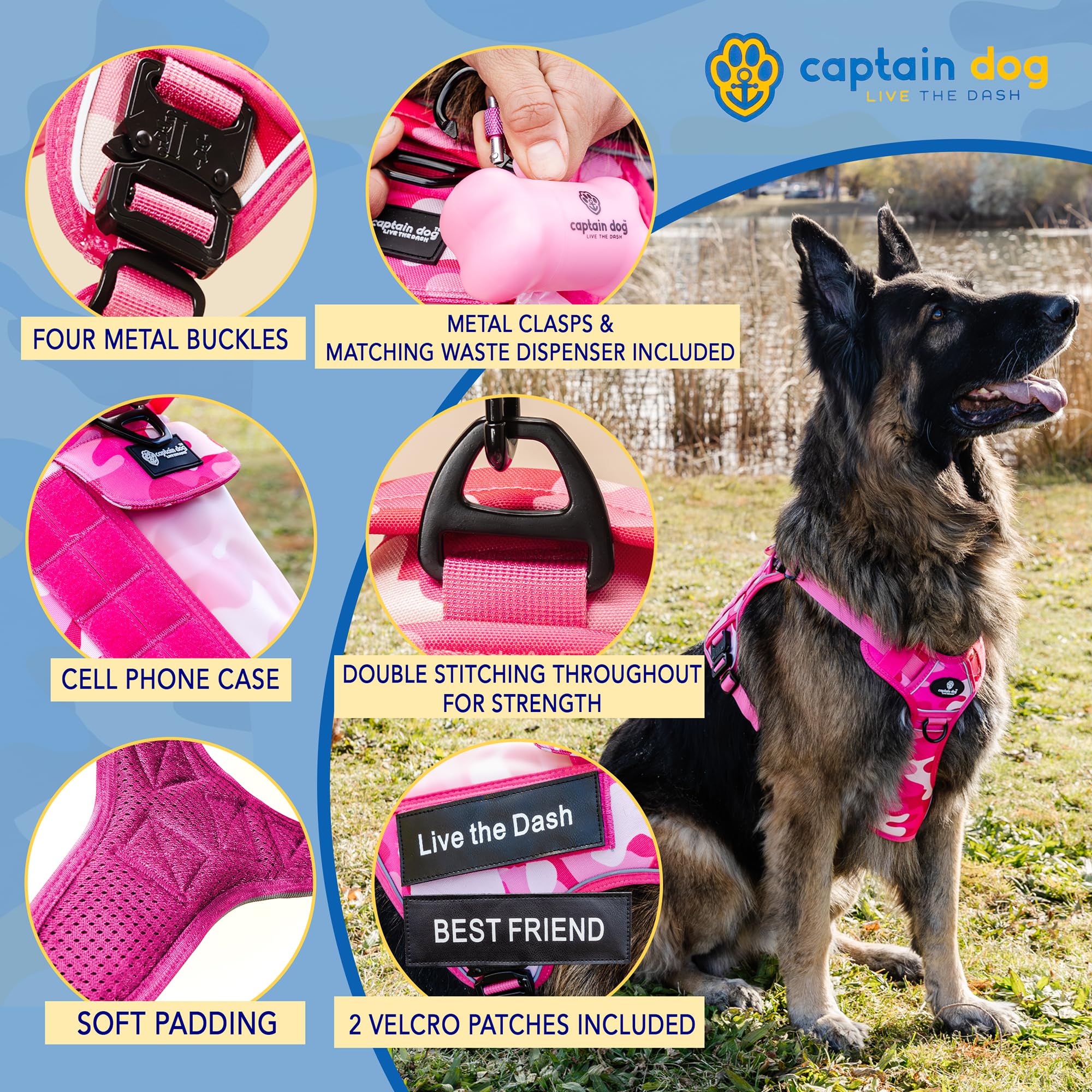 No Pull Service Dog Vest For Medium Sized Dog With 4 Metal Buckles & Double Stitching Captain Dog - Reflective No Pull, Dog Vest