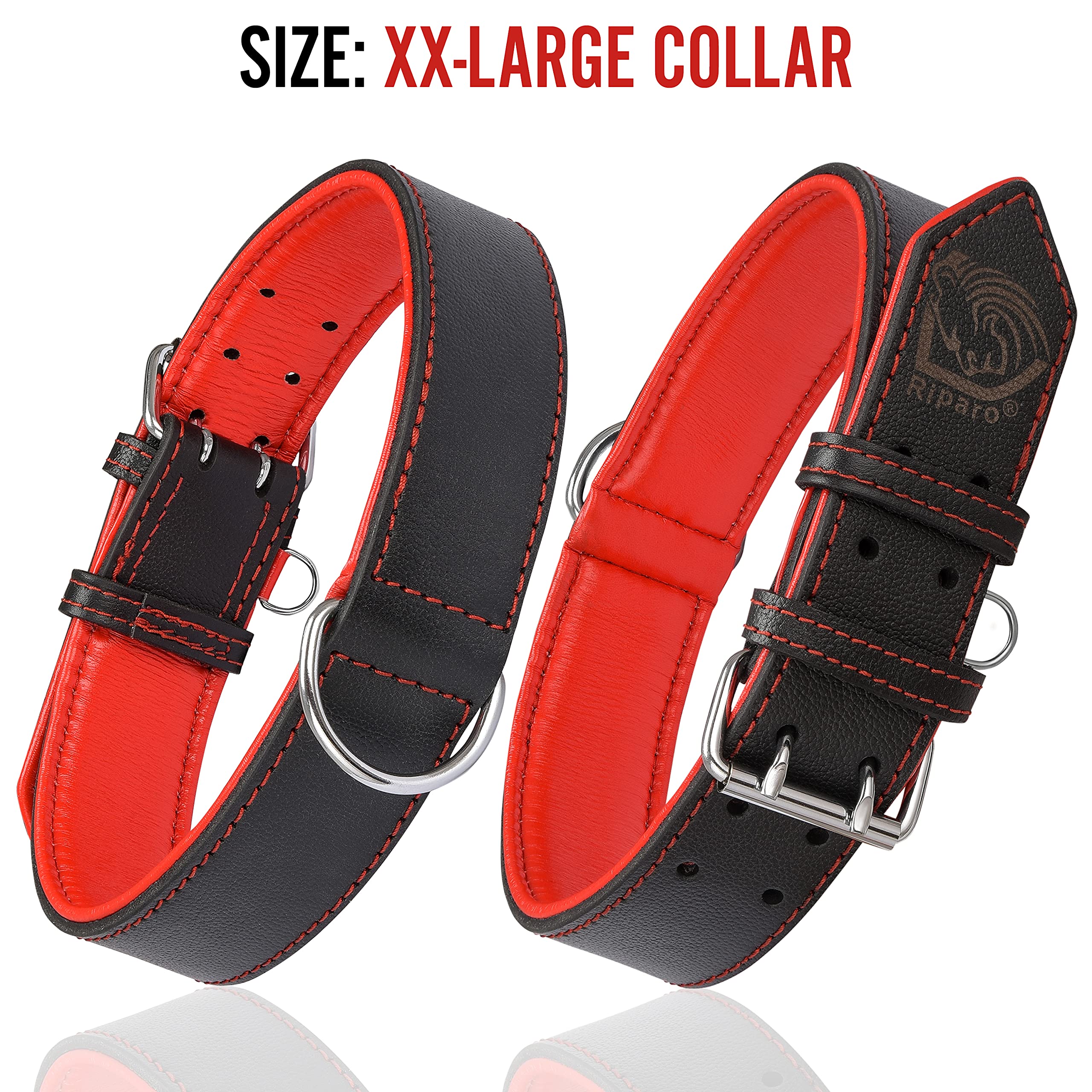 Riparo Genuine Leather Padded Dog Heavy Duty K-9 Adjustable Collar (S: 0.75    Wide For 10   -13.5    Neck, Black/Red Thread)