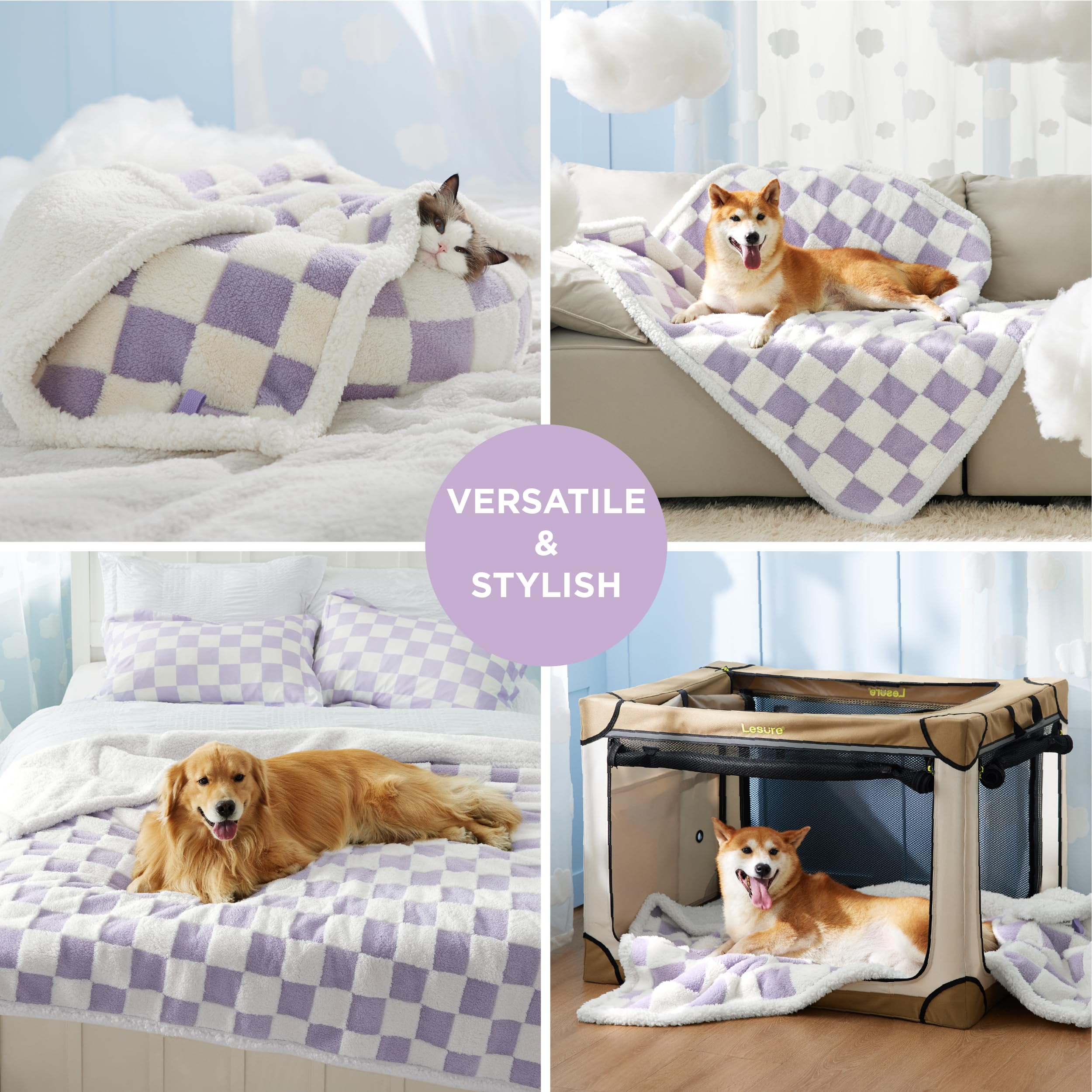 Lesure Waterproof Dog Blanket For Large Dogs - Washable Double Sided Dog Blankets With Warm Jacquard Shag And Soft Sherpa Fleece, Pet Cat Blanket For Couch Protection, 3D Textured Checks, Purple