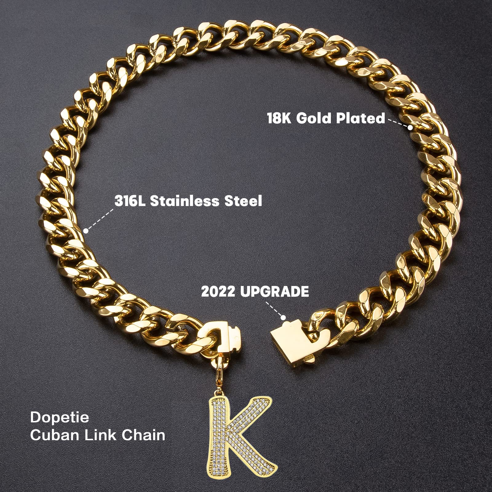 Dopetie Gold Chain Dog Collar Personalized Letter Dog Necklace With Bling Zircons Metal Cuban Link For Medium And Large Dogs Pets Heavy Duty Chew Proof Letter K 16In