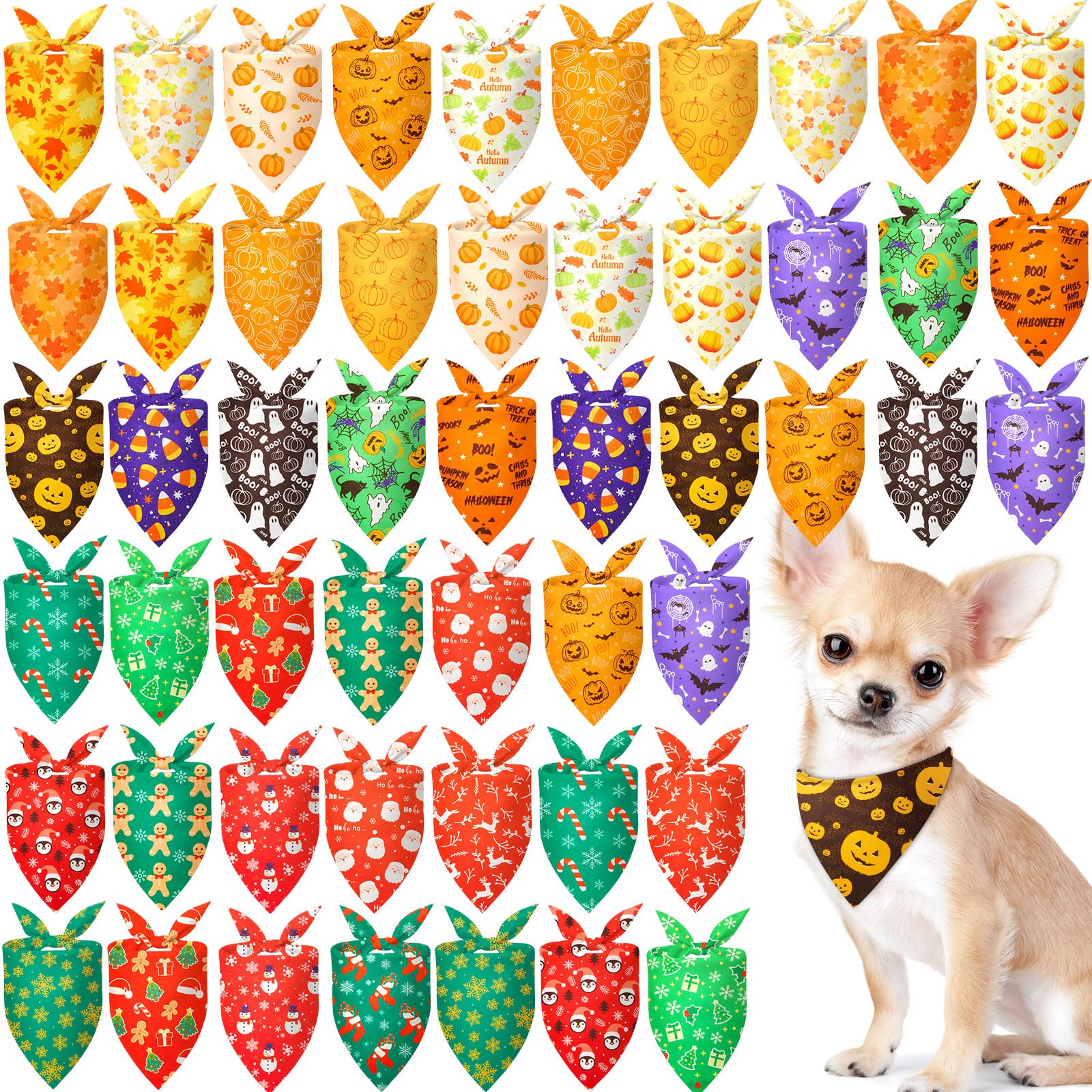 Sumind 50 Pcs Fall Halloween Christmas Dog Bandanas Bulk Mix Holiday Bandanas for Dog Triangle Kerchief Bib Scarf Set for Pet Ca