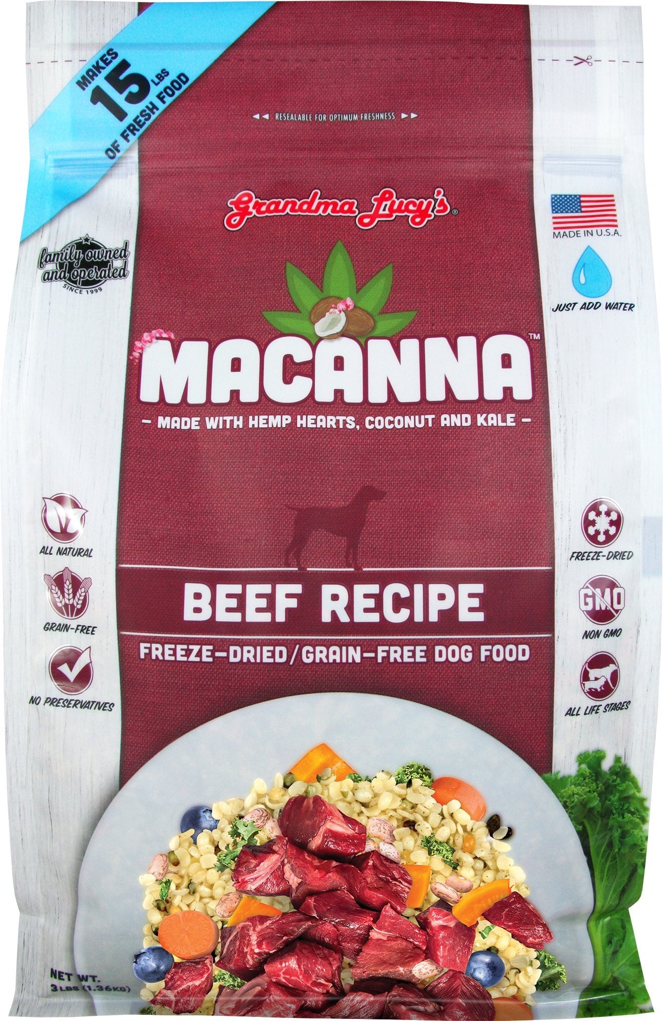 Grandma Lucys Macanna Dog Food, Grain Free and Freeze-Dried - Beef Recipe, 3Lb Bag