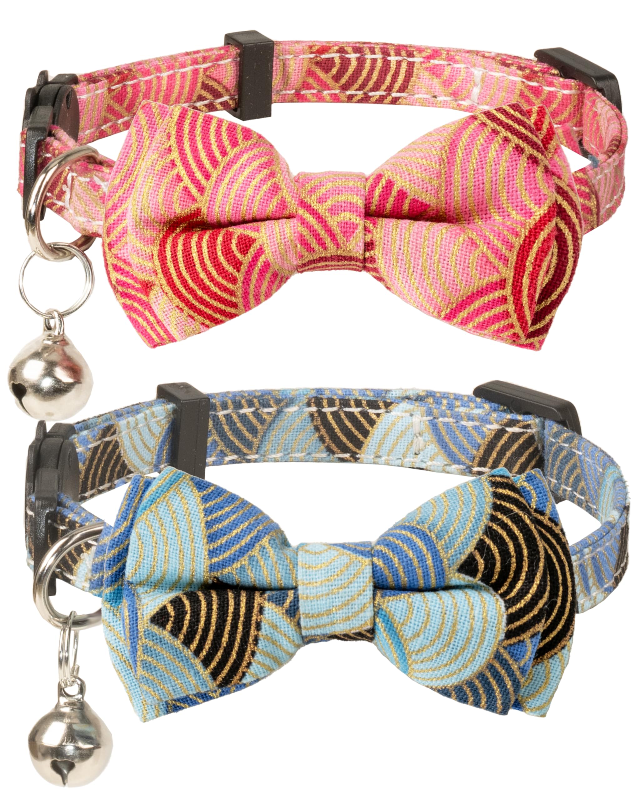 Gyapet Collar For Cat Pet Breakaway With Bell Bowtie Detachable Bow Adjustable Safety Kitten Puppy Girl Boy 2Pcs Kimono-Blue & P