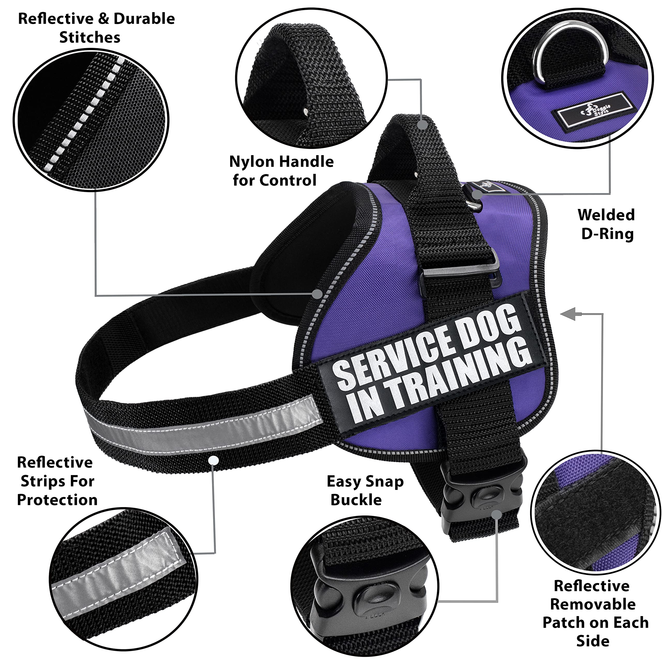 Doggie Stylz Service Dog in Training Vest, Purple, Neoprene, Girth 19-25", Reflective Patches, Sizes XXS to XXL
