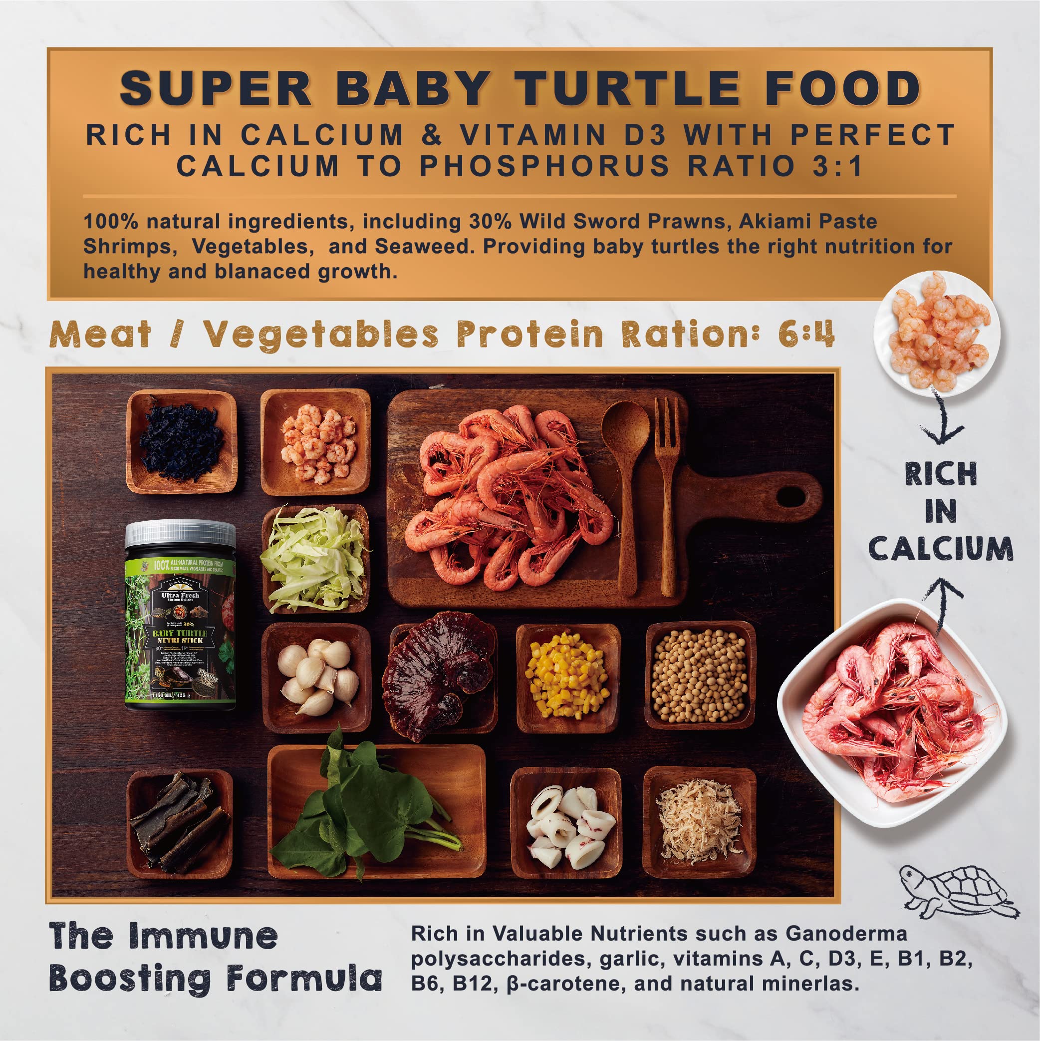 Ultra Fresh Floating Turtle Food, All Natural Ingredients, Wild Sword Prawn, Calcium Vitamin D Enriched for Picky Aquatic Baby T