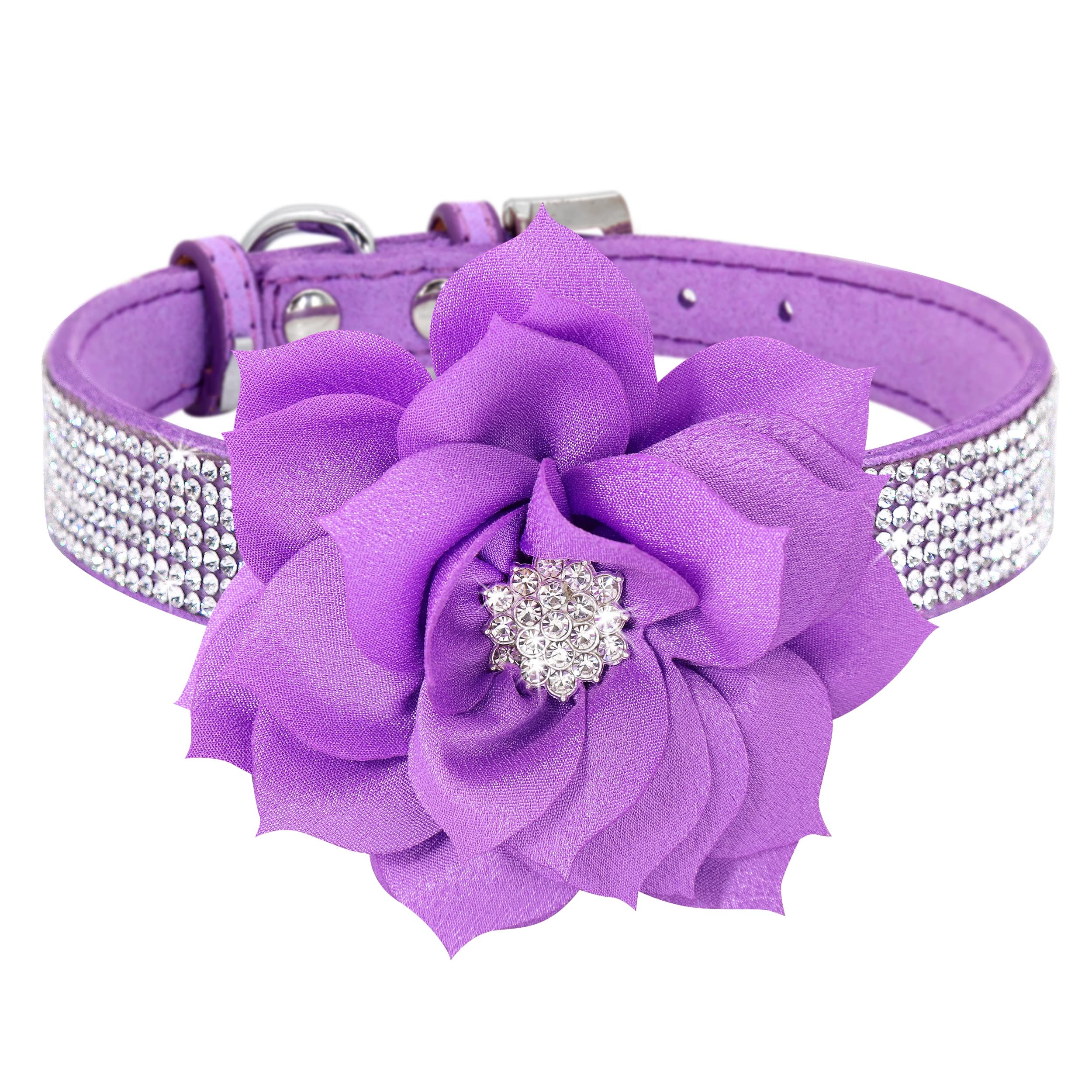 Pet Artist Cute Girl Rhinestone Suede Dog Collars For Small Dogs Cats,Soft Flower Dog Collar,Bling Dog Collars For Small Puppy Dogs Purple Collar, M:Neck 12-14.5'(31-37Cm)