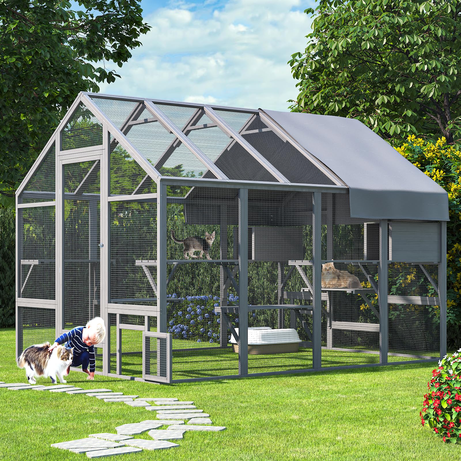 TIMHAKA Large Cat Catio Enclosure, Grey Wooden Cat House, 71 x 71 x 97 inch, 7 Platforms, 2 Resting Boxes, Waterproof & UV Proof Cover