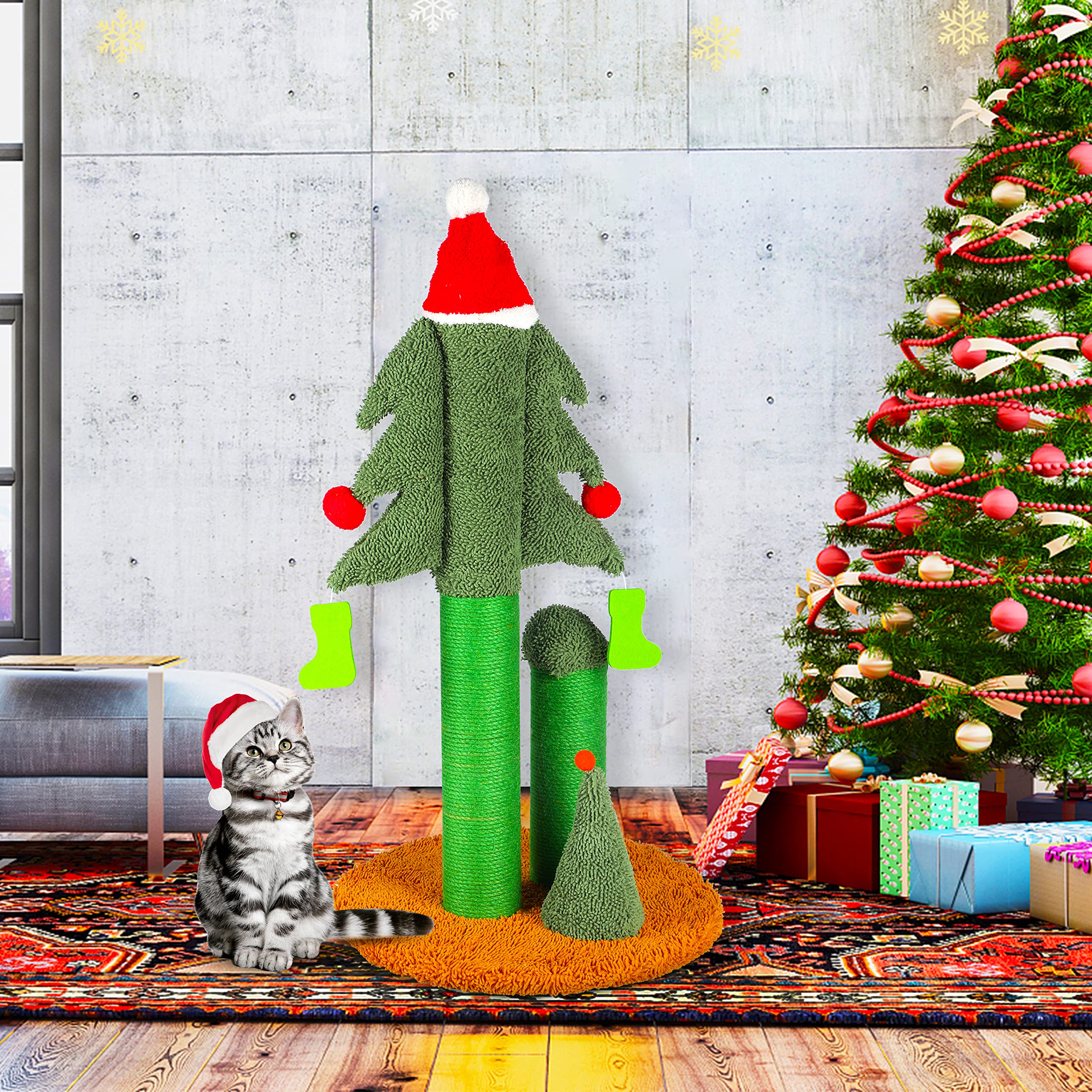 FluffyDream 32    Cat Scratching Post, Tall Christmas Tree Cat Scratcher with 3 Posts and Cute Dangling Teaser Balls, Natural Si