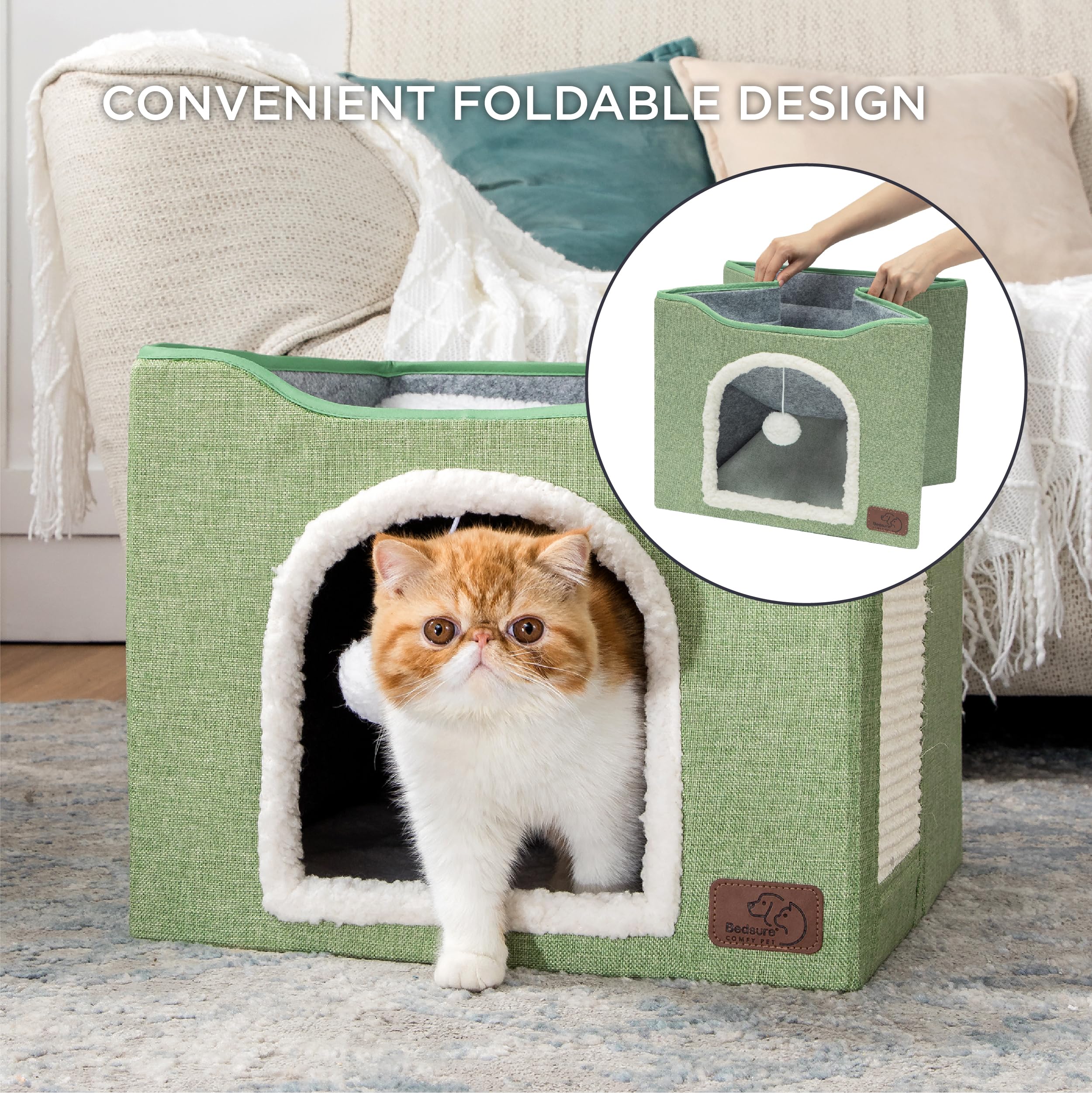Bedsure Cat Beds For Indoor Cats - Large Cat Cave For Pet Cat House With Fluffy Ball Hanging And Scratch Pad, Foldable Cat Hideaway,16.5X16.5X13 Inches, Green