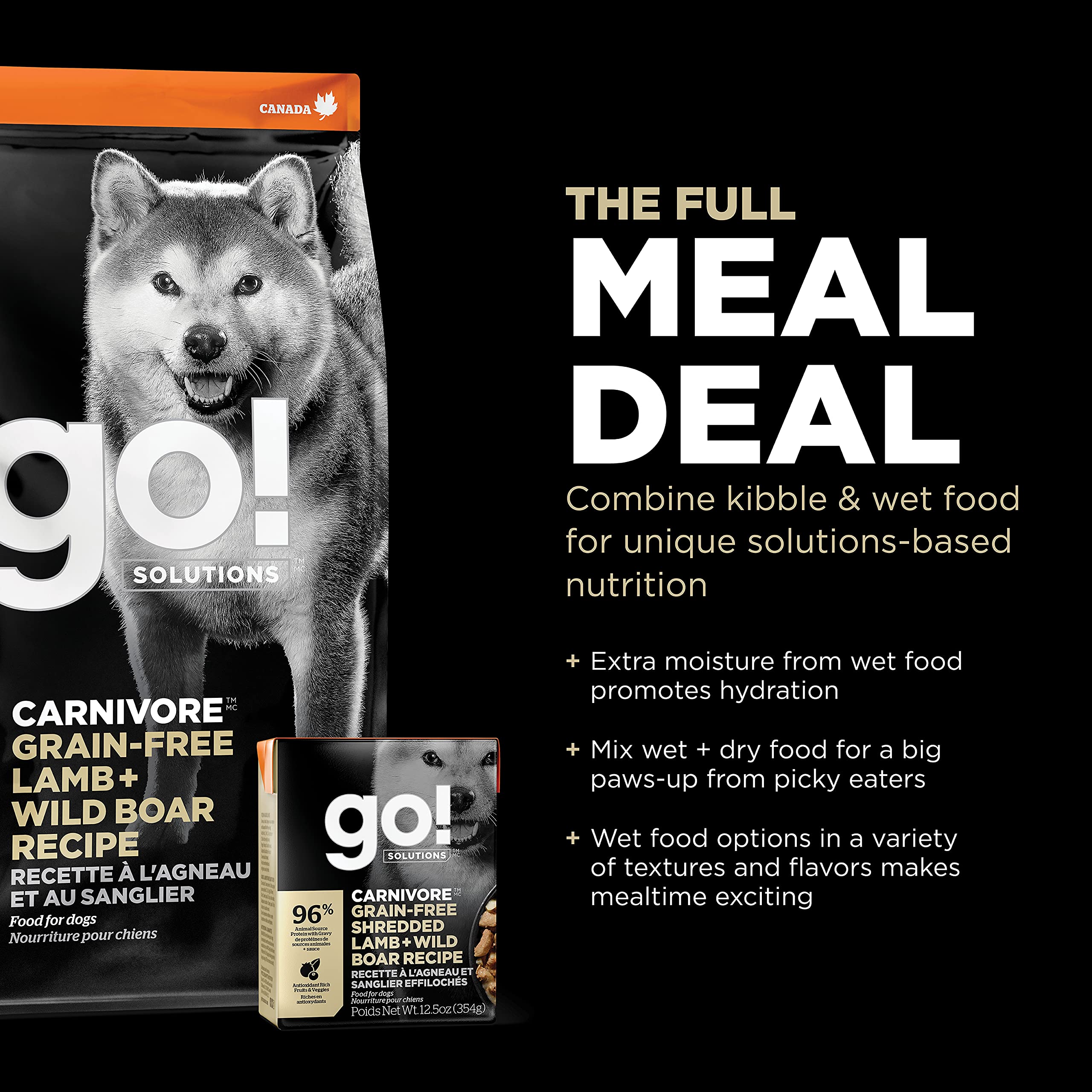 Go! Solutions Carnivore, Grain-Free, Protein Rich Dry Dog Food, Lamb and Wild Boar Recipe, 3.5 lb Bag