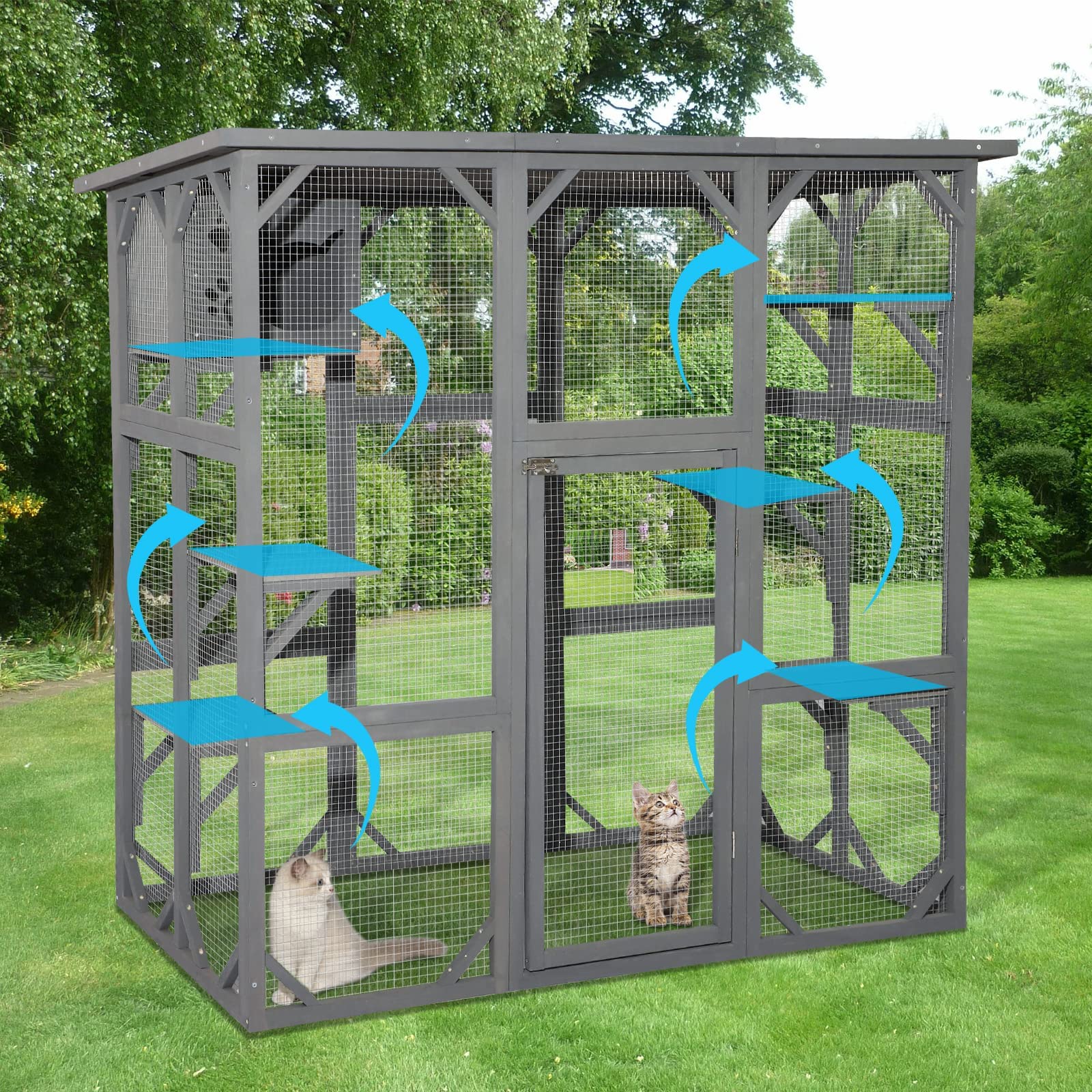 Titimo Catio Outdoor Cat Enclosure Large Wooden Outdoor Cat House With Small House, Cat Cage With 6 Platforms And Weather Protection (Gray,63' X 31.1' X 59.33')