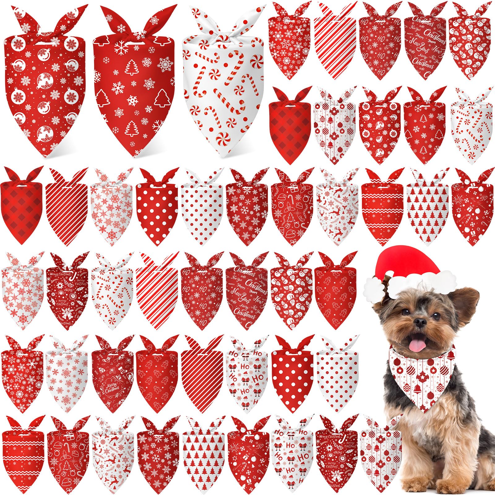 Abbylike 50 Pcs Valentines Day Dog Bandanas Bulk Red and White Polka Dots Stripes Bandanas for Dogs Triangle Kerchief Bibs Scarf