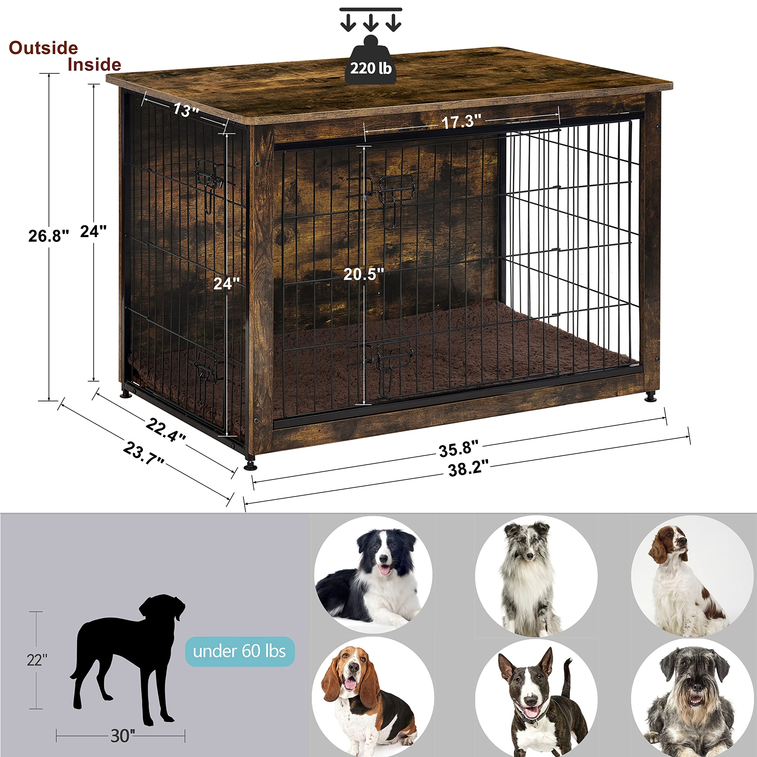 Dwanton Dog Crate Furniture With Cushion, Wooden Dog Crate Table, Double Doors Dog Furniture, Indoor Dog Kennel, Dog House, Dog Cage Large, 38.5' L, Rustic Brown