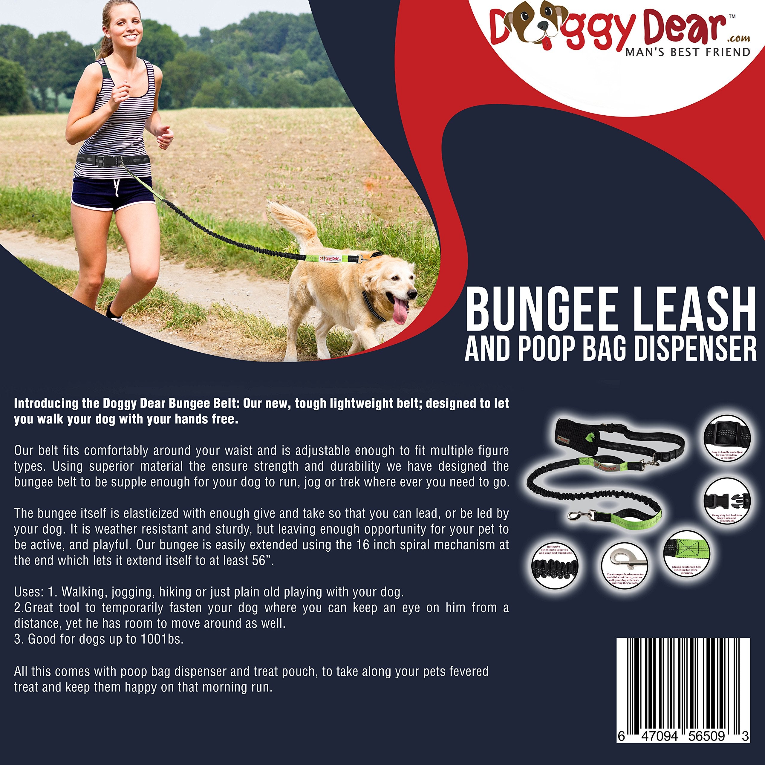 Doggy Dear Retractable Hands Free Dual Bungee Dog Leash for Running, Walking, Hiking, Reflective Stitching