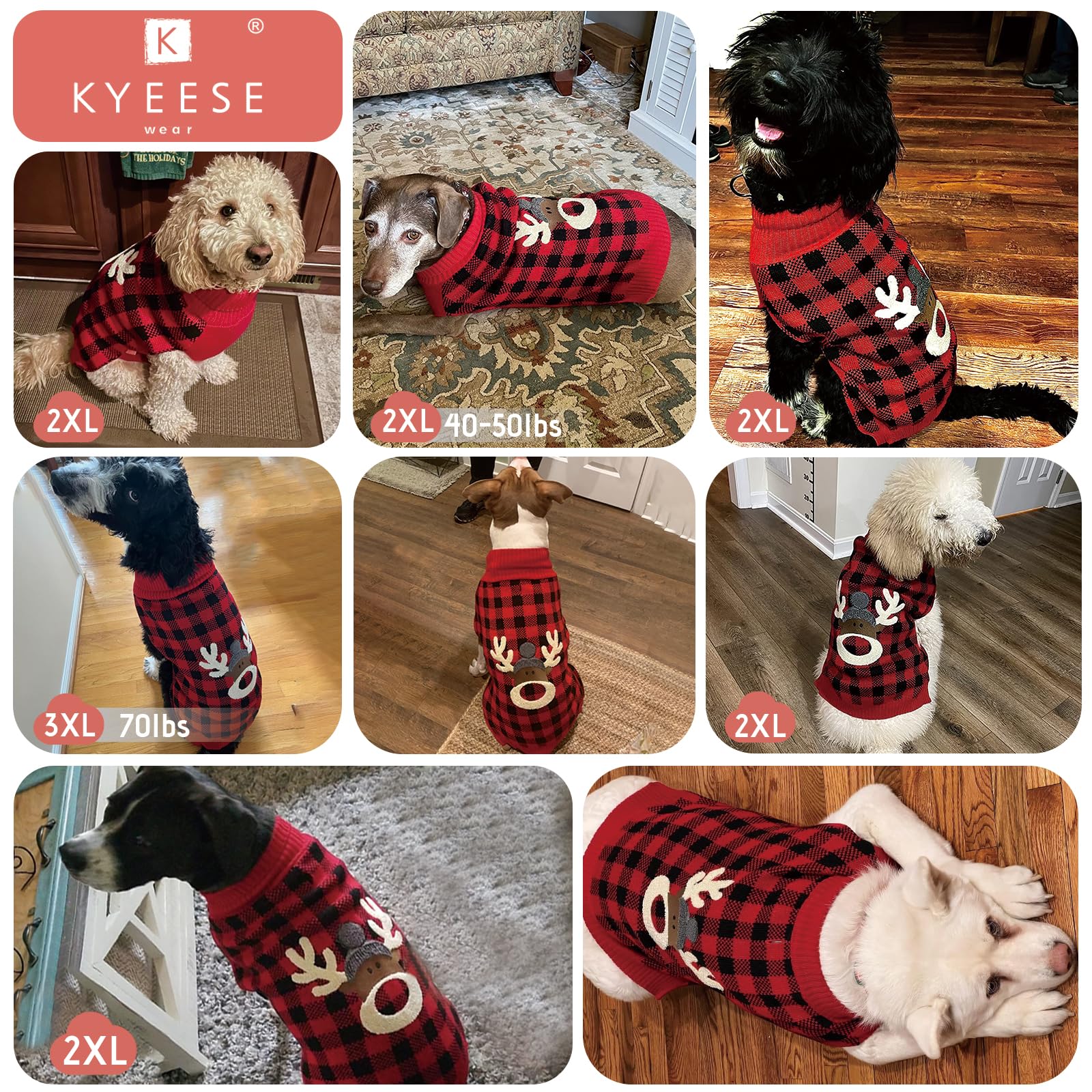 Kyeese Christmas Reindeer Dog Sweater For Medium Dogs With Leash Hole Dog Sweaters Red Buffalo Check Pet Sweater,Xxl